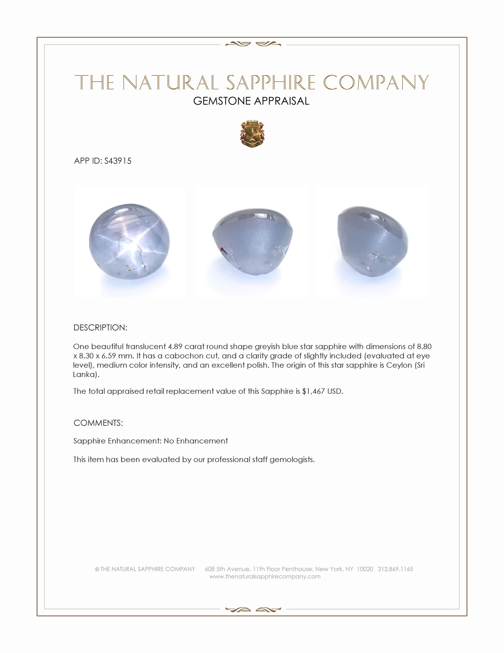 4.89 Ct. Greyish Blue Star Sapphire from Ceylon (Sri Lanka)
