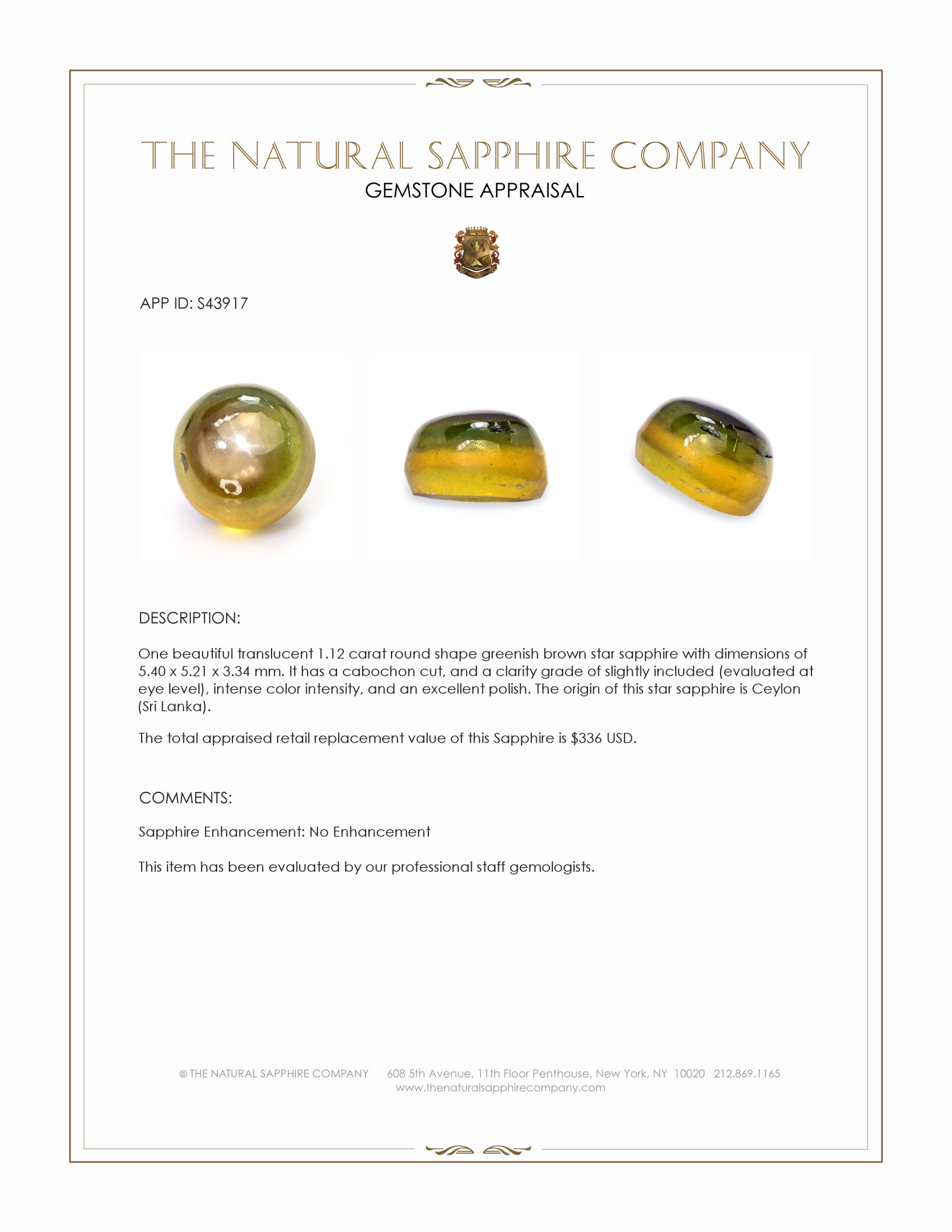 1.12 Ct. Greenish Brown Star Sapphire from Ceylon (Sri Lanka)