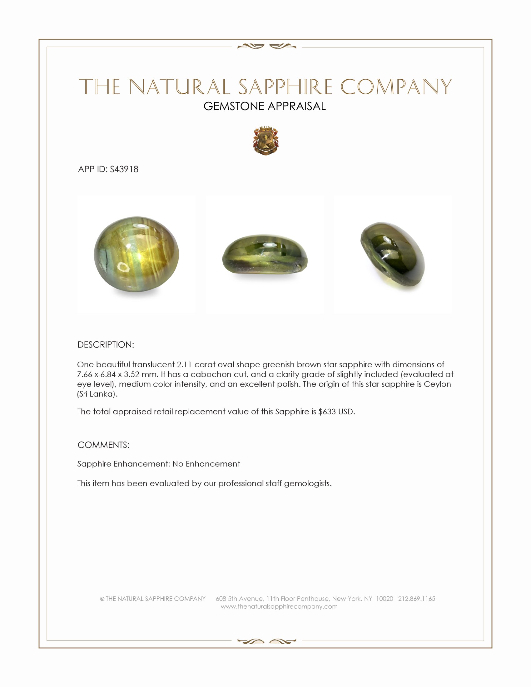 2.11 Ct. Greenish Brown Star Sapphire from Ceylon (Sri Lanka)