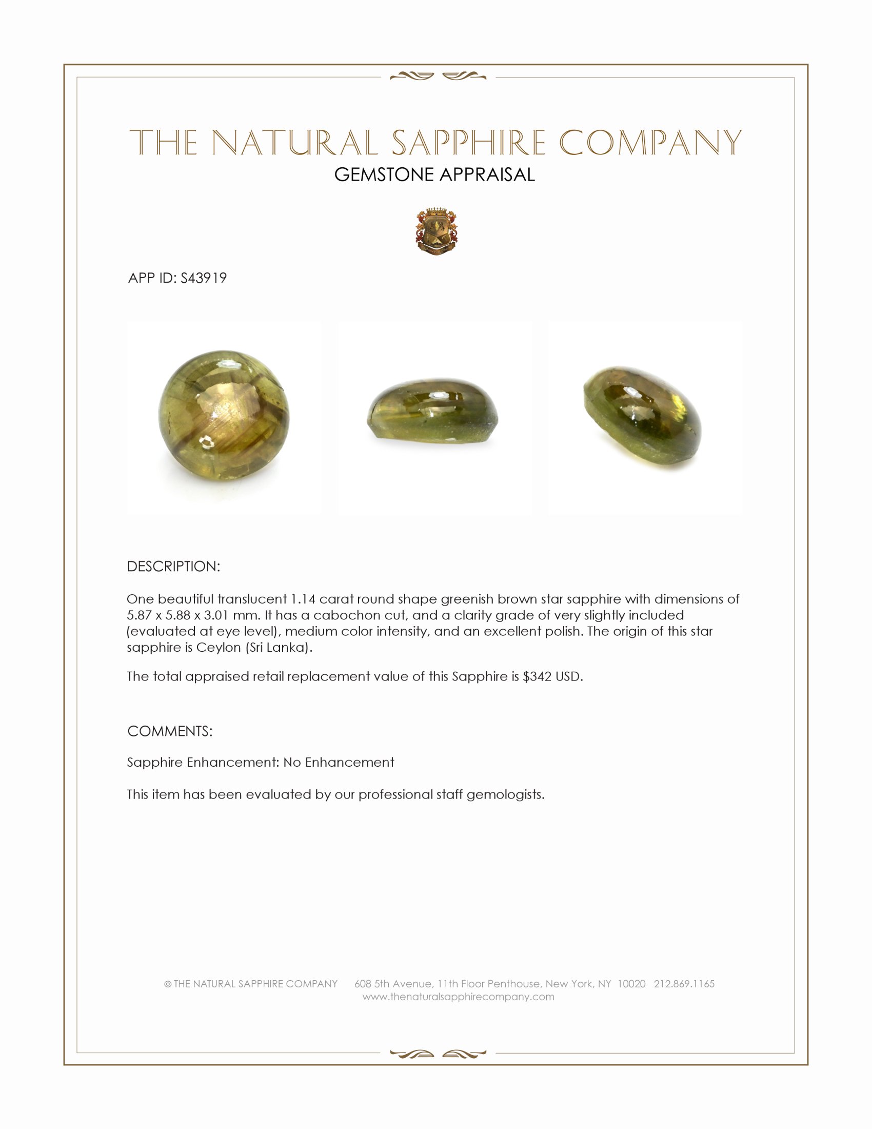 1.14 Ct. Greenish Brown Star Sapphire from Ceylon (Sri Lanka)