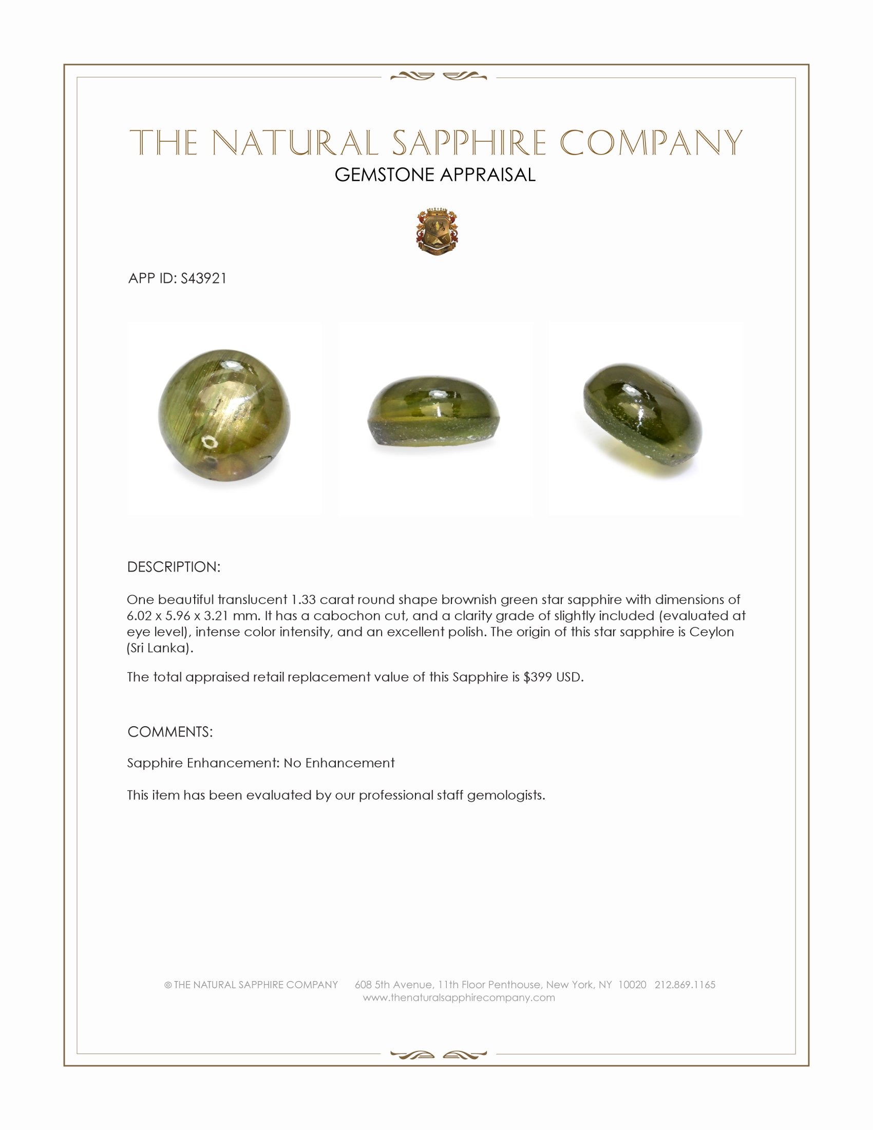 1.33 Ct. Brownish Green Star Sapphire from Ceylon (Sri Lanka)