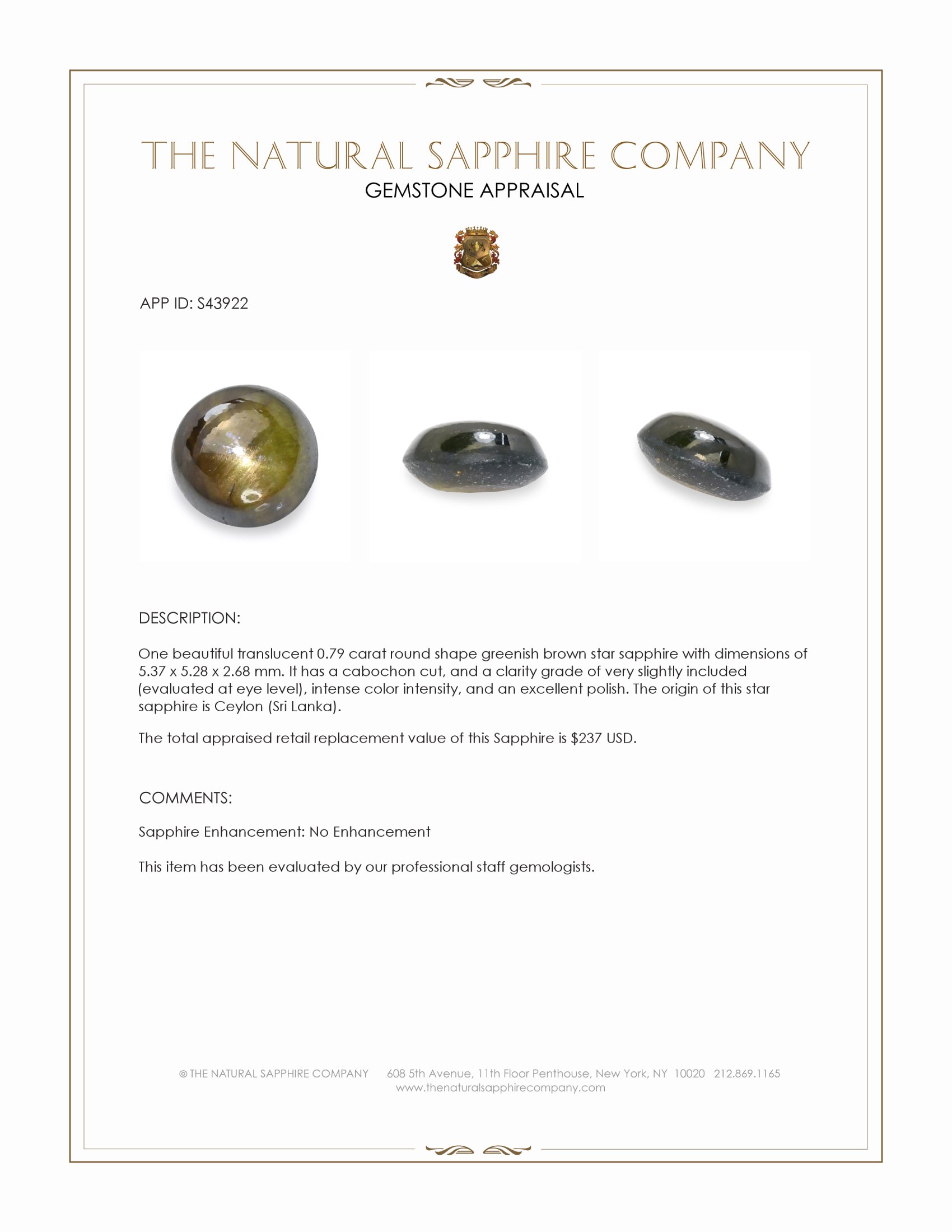 0.79 Ct. Greenish Brown Star Sapphire from Ceylon (Sri Lanka)