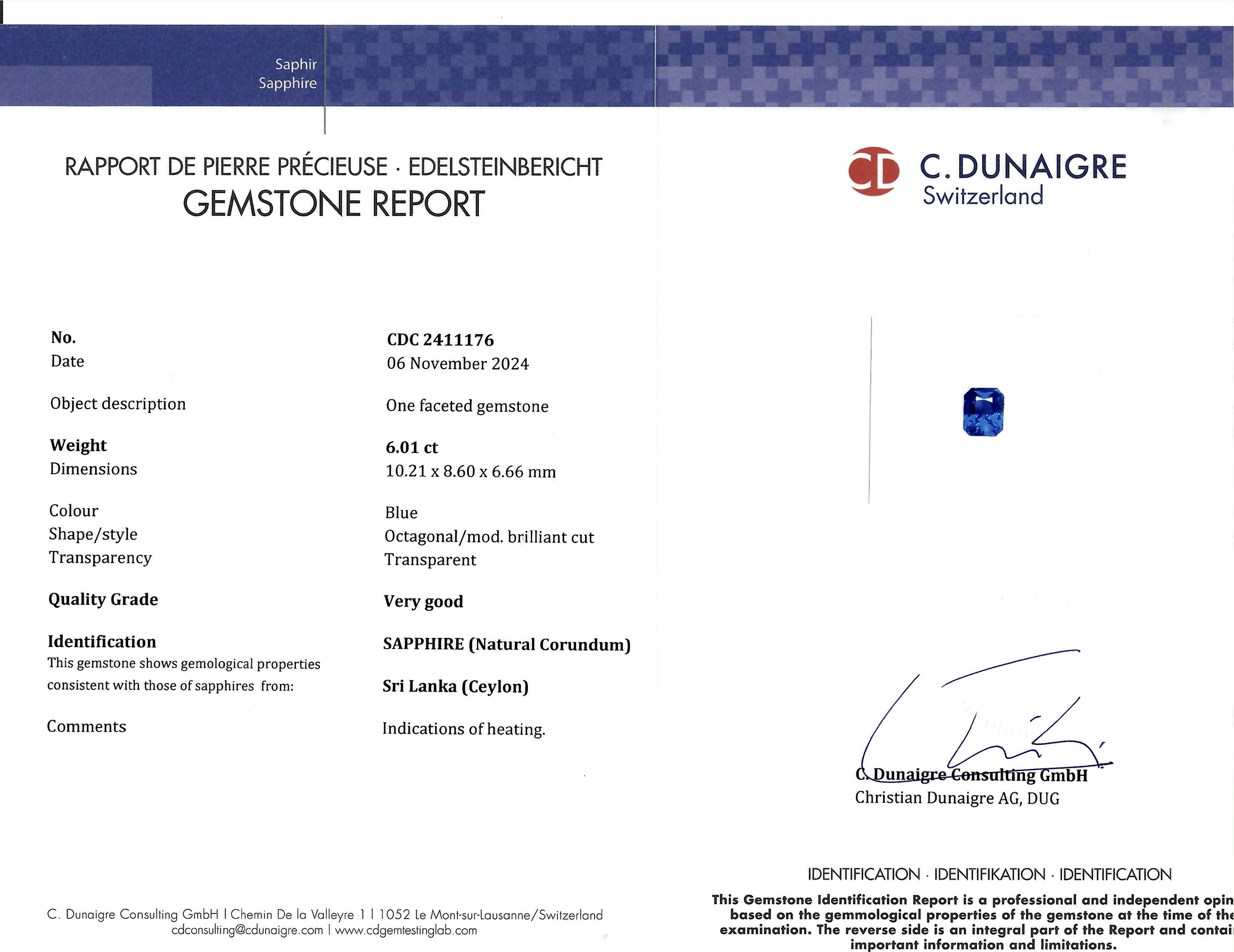 6.01 Ct. Blue Sapphire from Ceylon (Sri Lanka)