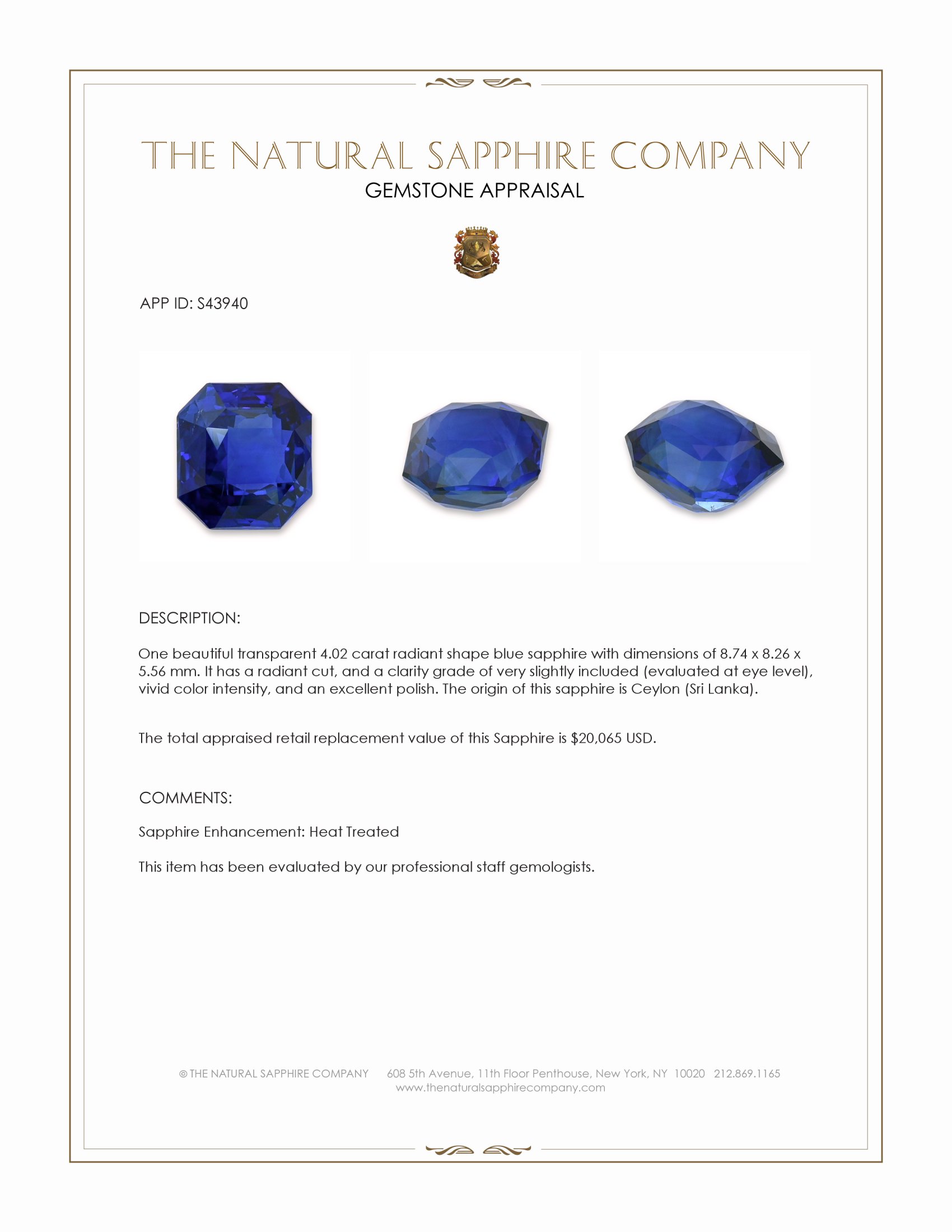 4.02 Ct. Blue Sapphire from Ceylon (Sri Lanka)
