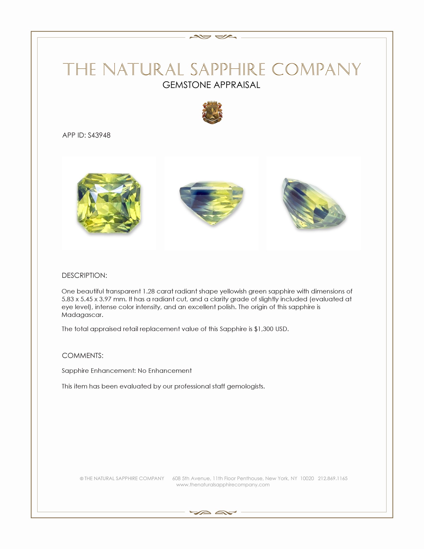 1.28 Ct. Yellowish Green Sapphire from Madagascar