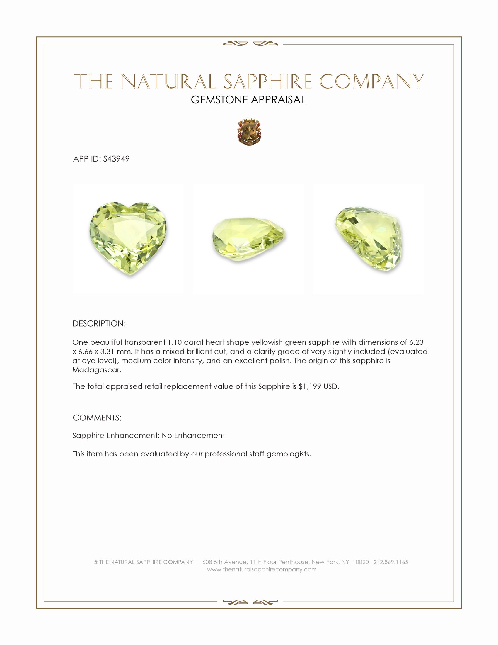 1.10 Ct. Yellowish Green Sapphire from Madagascar