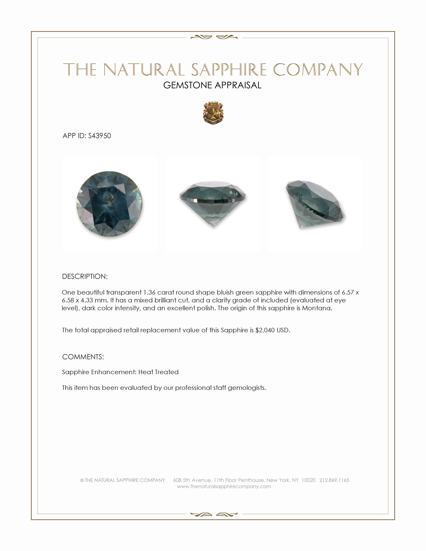 1.36 Ct. Bluish Green Sapphire from Montana