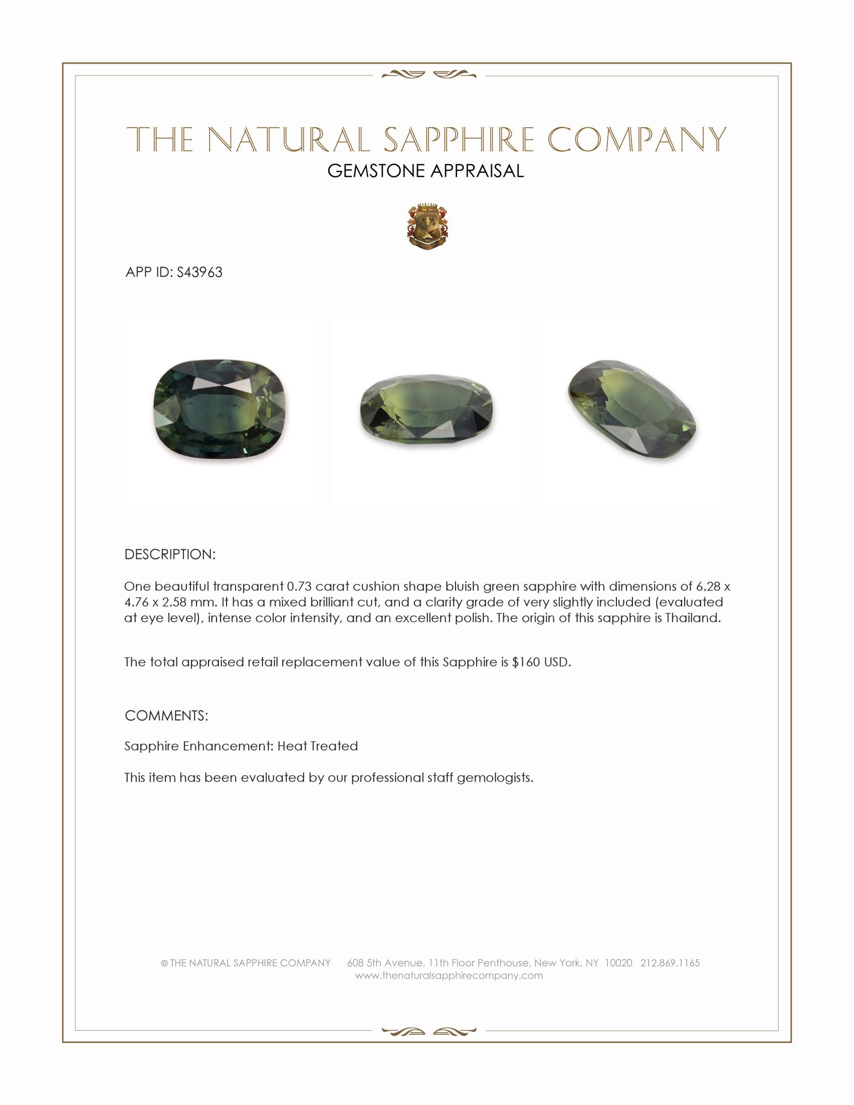 0.73 Ct. Bluish Green Sapphire from Thailand
