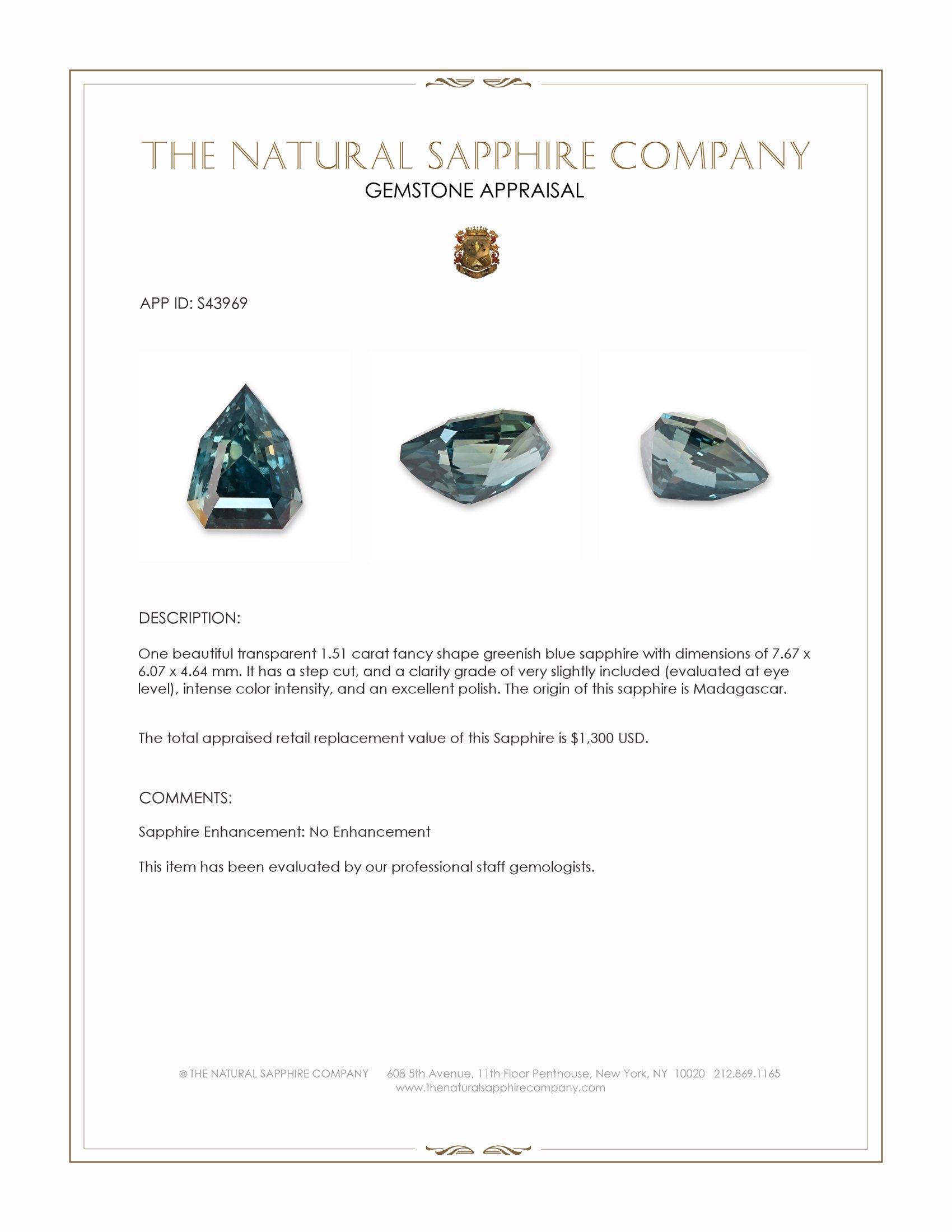 1.51 Ct. Greenish Blue Sapphire from Madagascar
