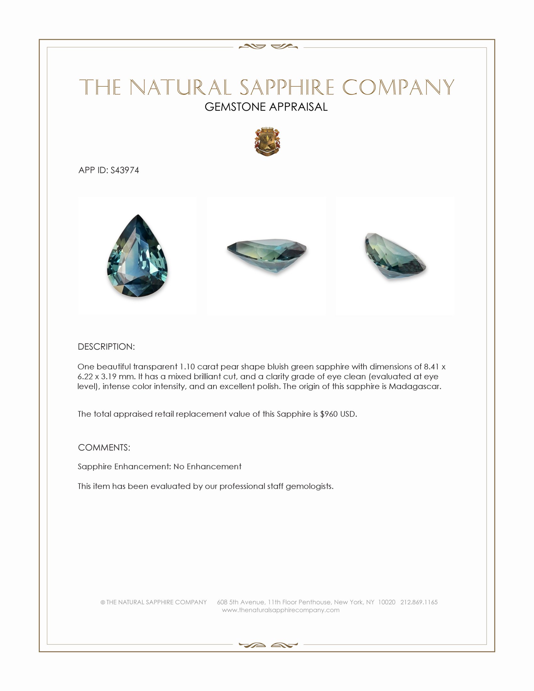 1.10 Ct. Bluish Green Sapphire from Madagascar