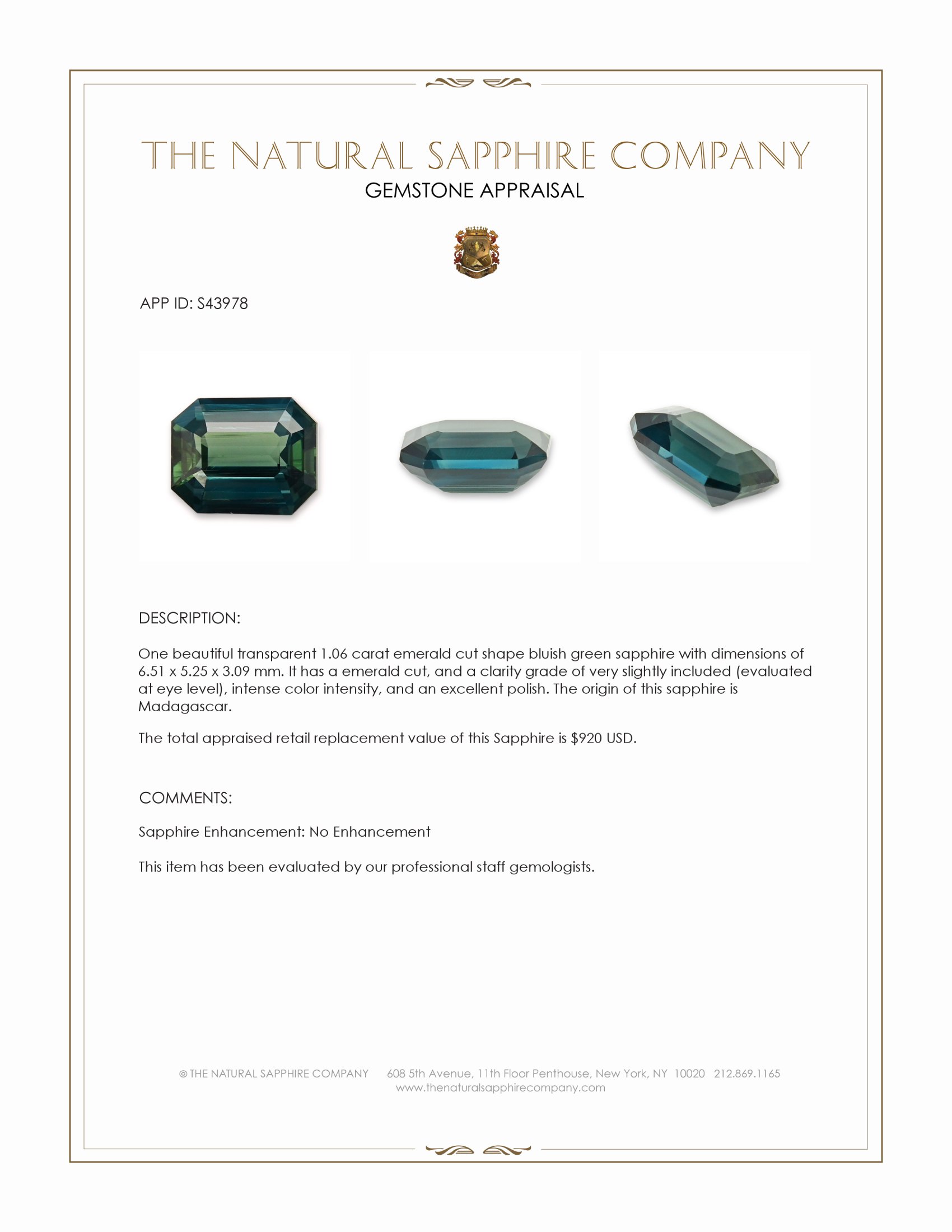 1.06 Ct. Bluish Green Sapphire from Madagascar