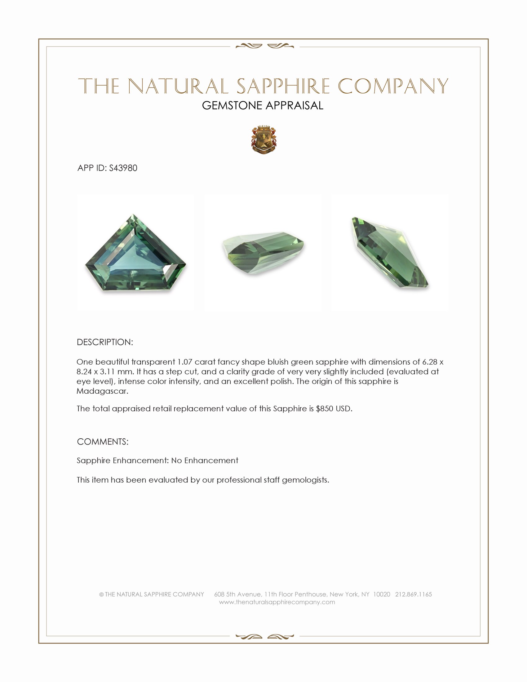 1.07 Ct. Bluish Green Sapphire from Madagascar
