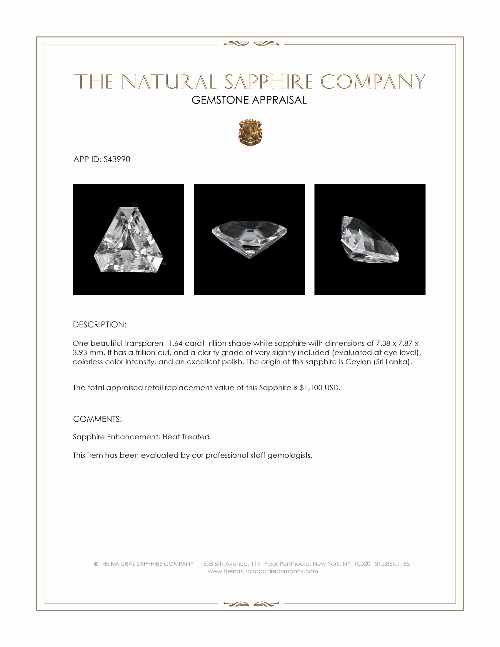 1.64 Ct. White Sapphire from Ceylon (Sri Lanka)