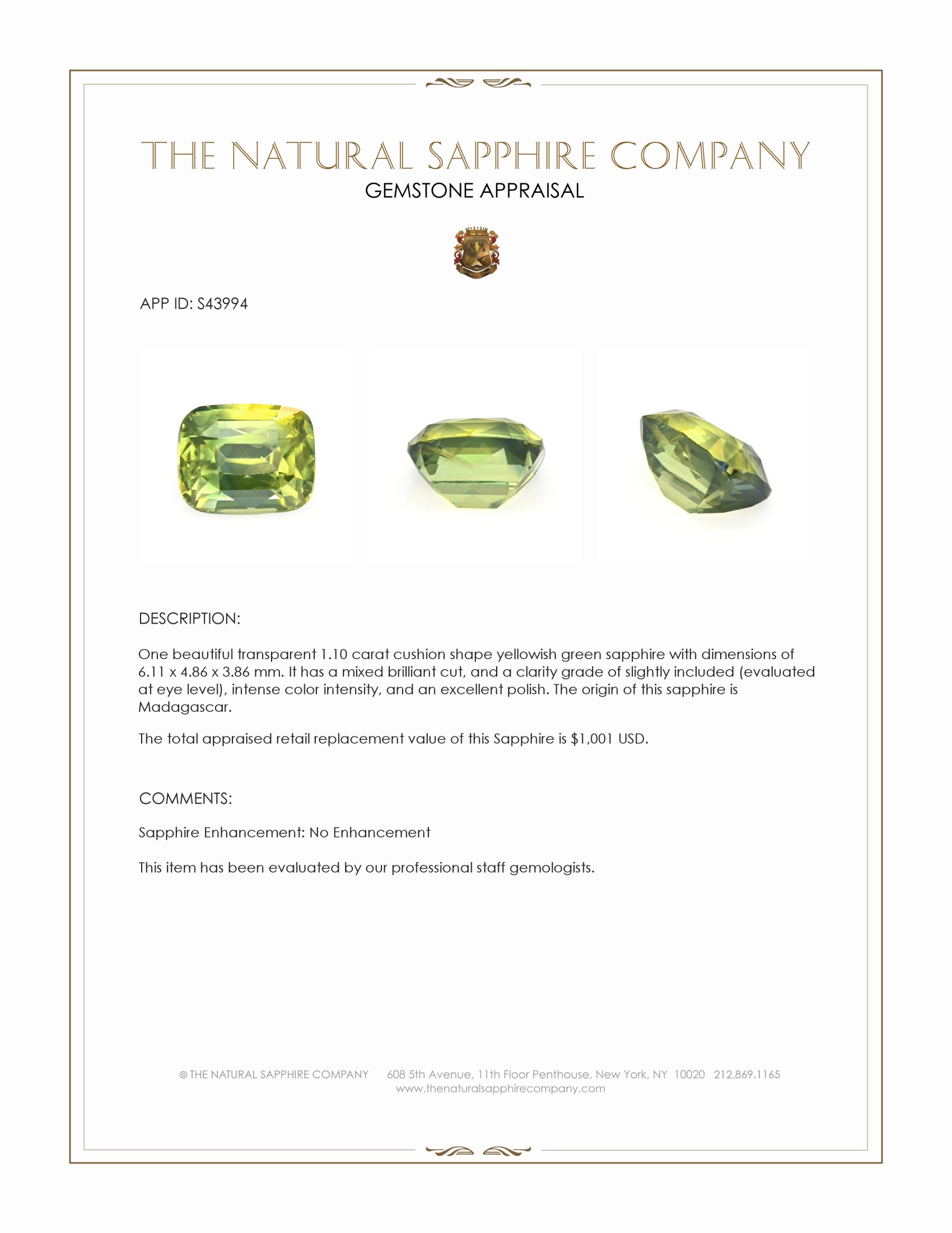 1.10 Ct. Yellowish Green Sapphire from Madagascar