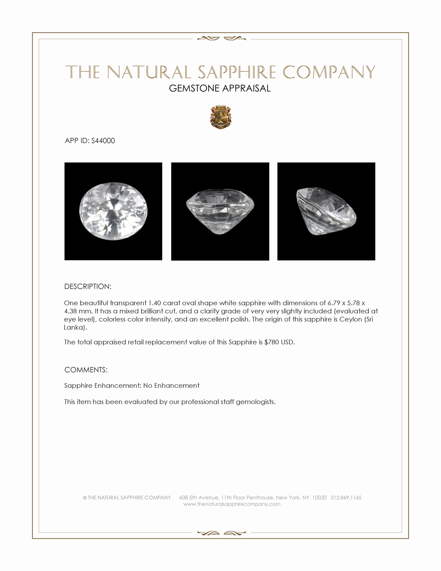 1.40 Ct. White Sapphire from Ceylon (Sri Lanka)