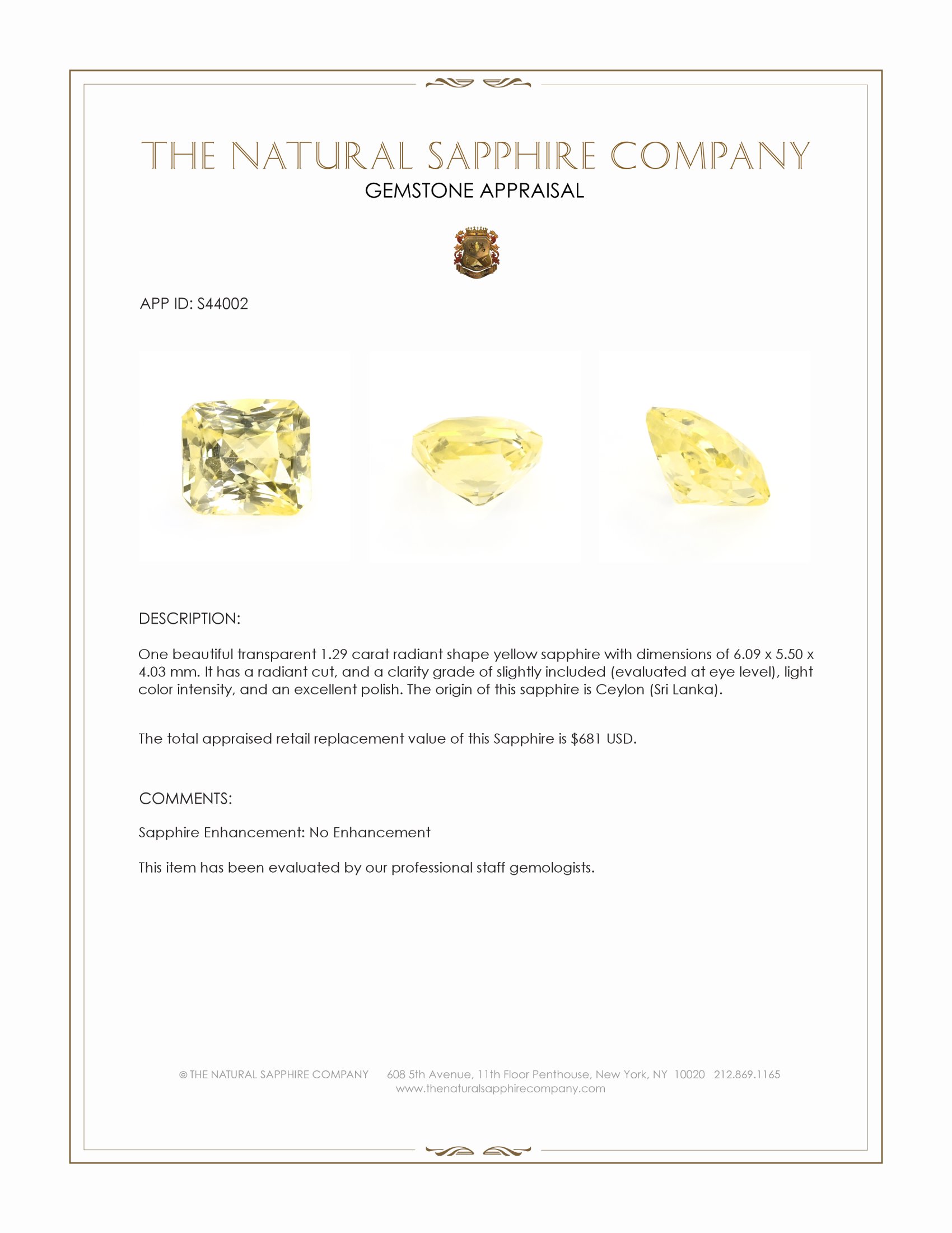 1.29 Ct. Yellow Sapphire from Ceylon (Sri Lanka)