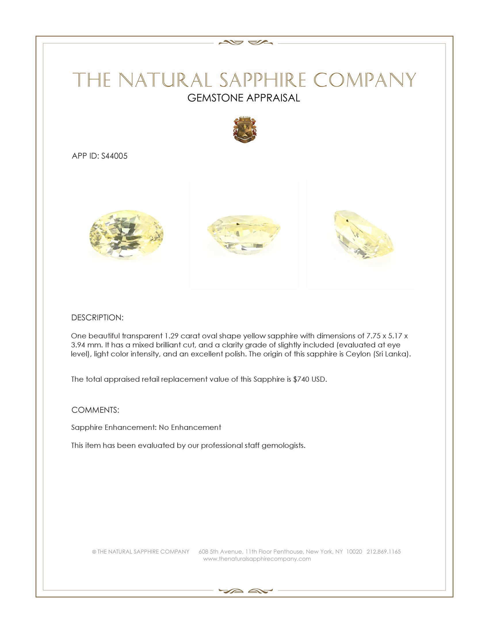 1.29 Ct. Yellow Sapphire from Ceylon (Sri Lanka)