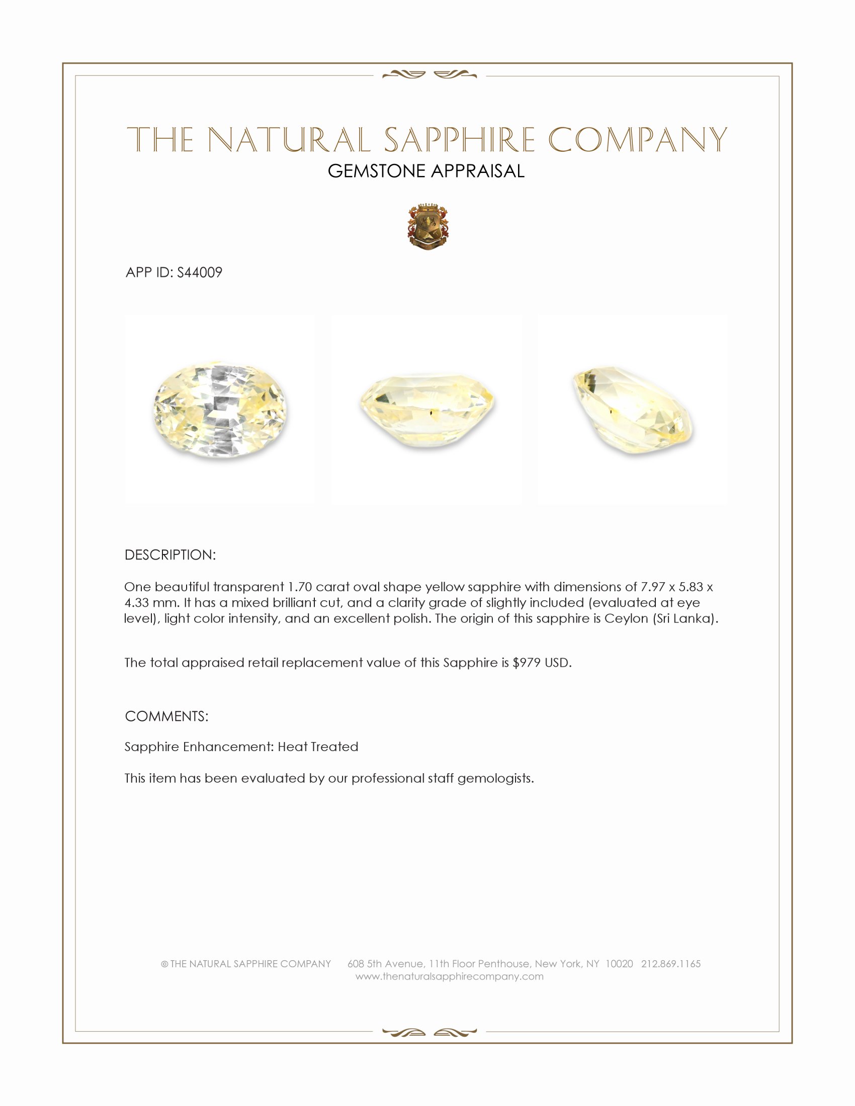 1.70 Ct. Yellow Sapphire from Ceylon (Sri Lanka)