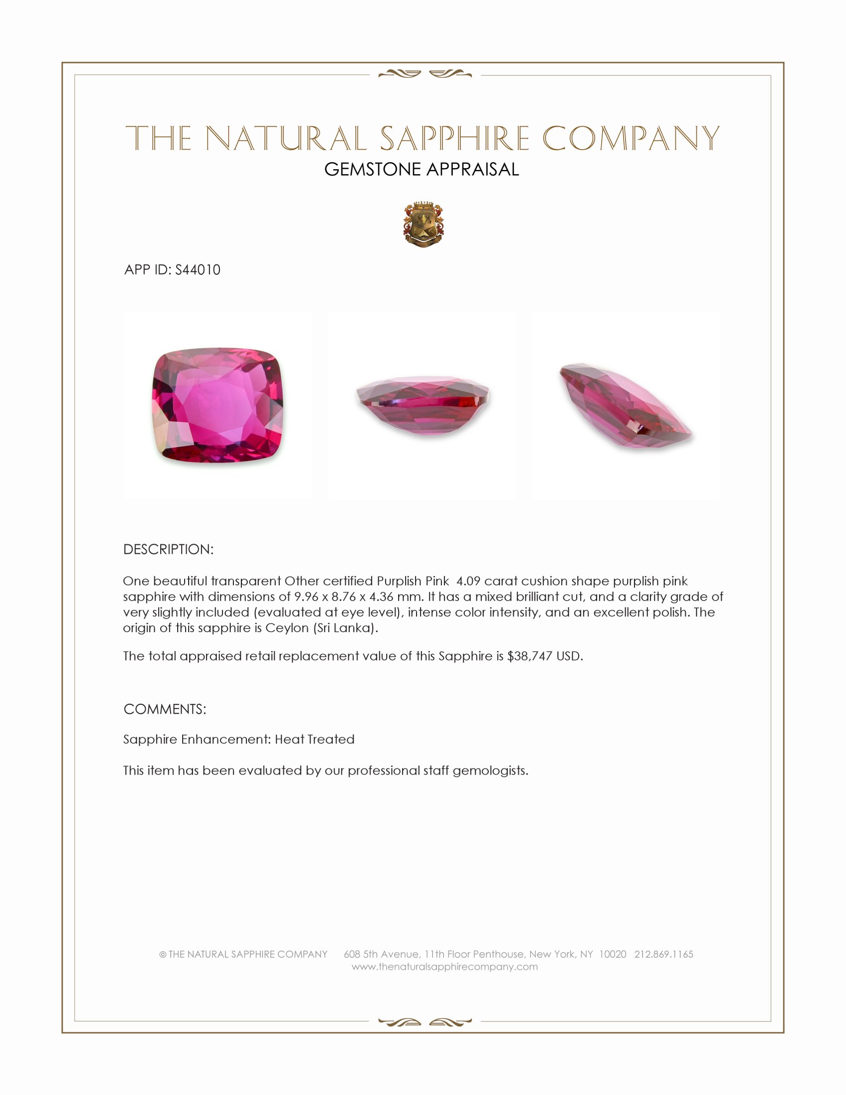 4.09 Ct. Purplish Pink Sapphire from Ceylon (Sri Lanka)