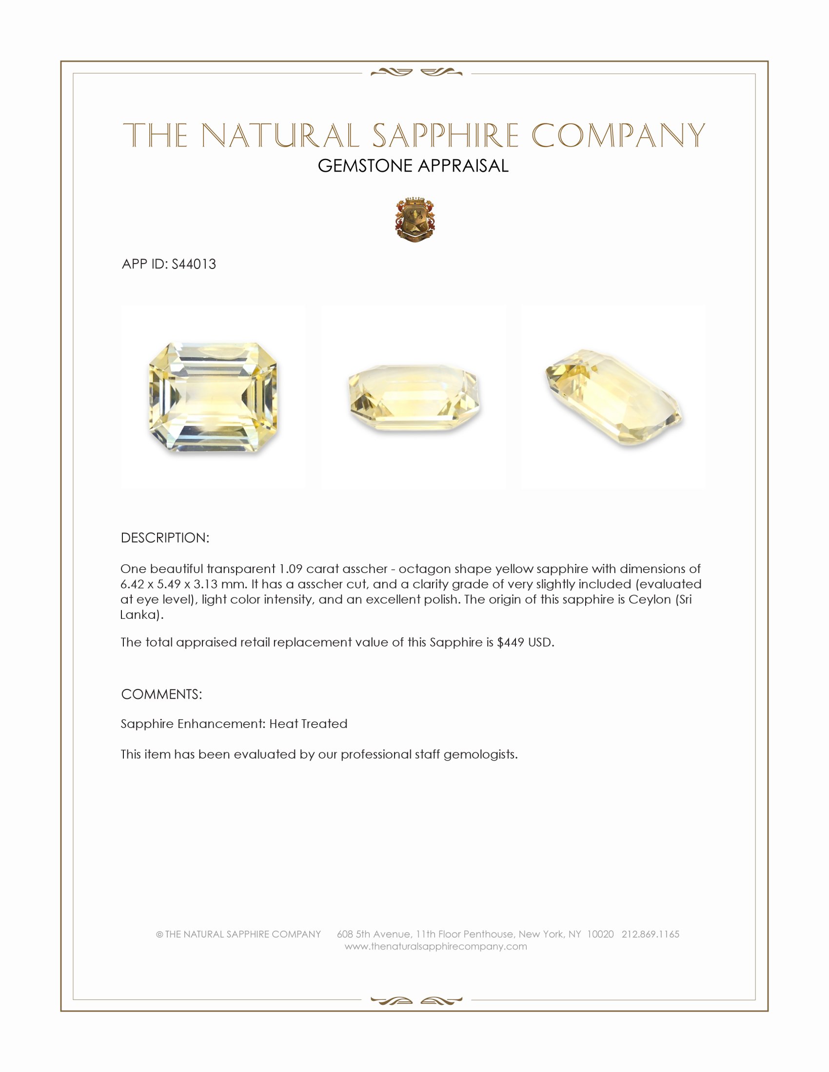 1.09 Ct. Yellow Sapphire from Ceylon (Sri Lanka)