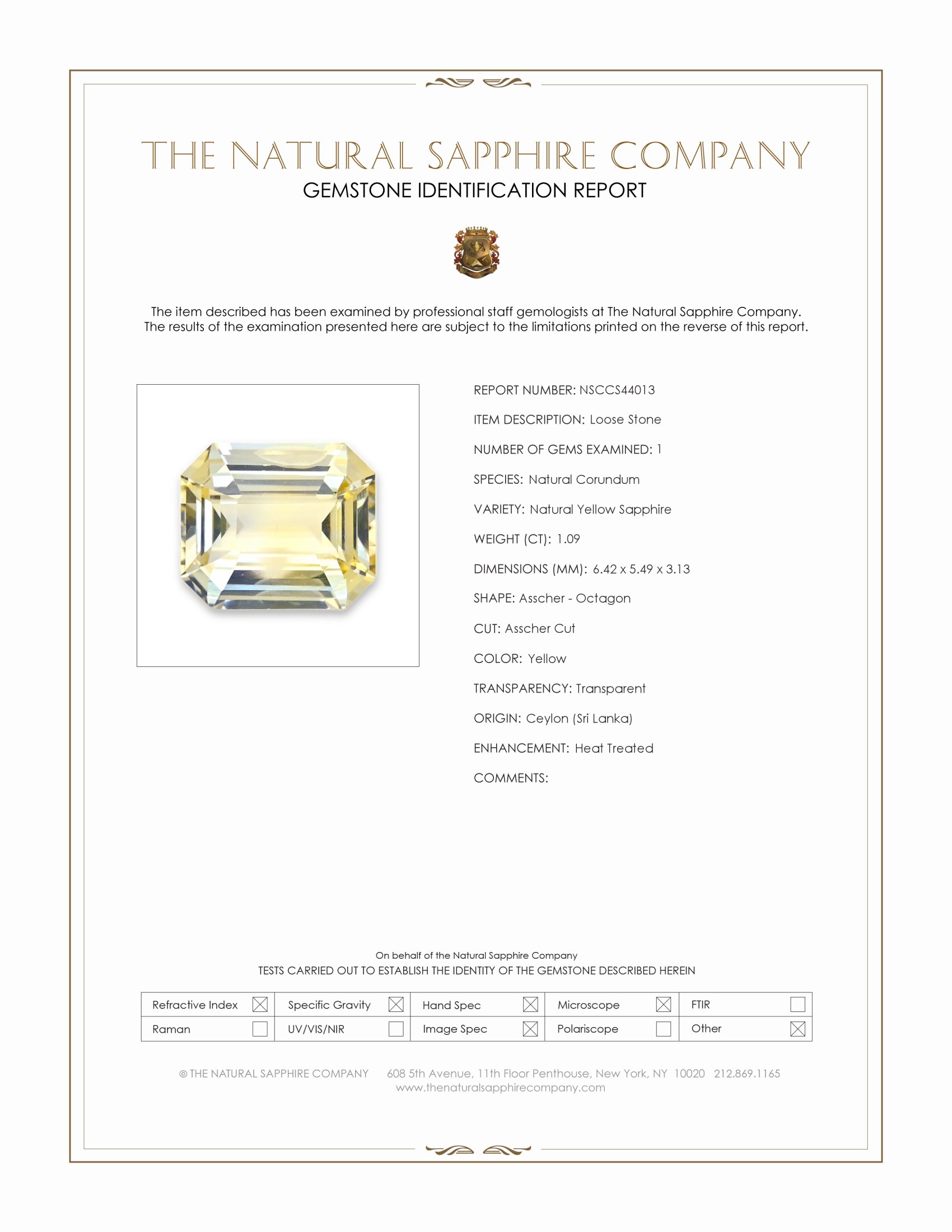 1.09 Ct. Yellow Sapphire from Ceylon (Sri Lanka)