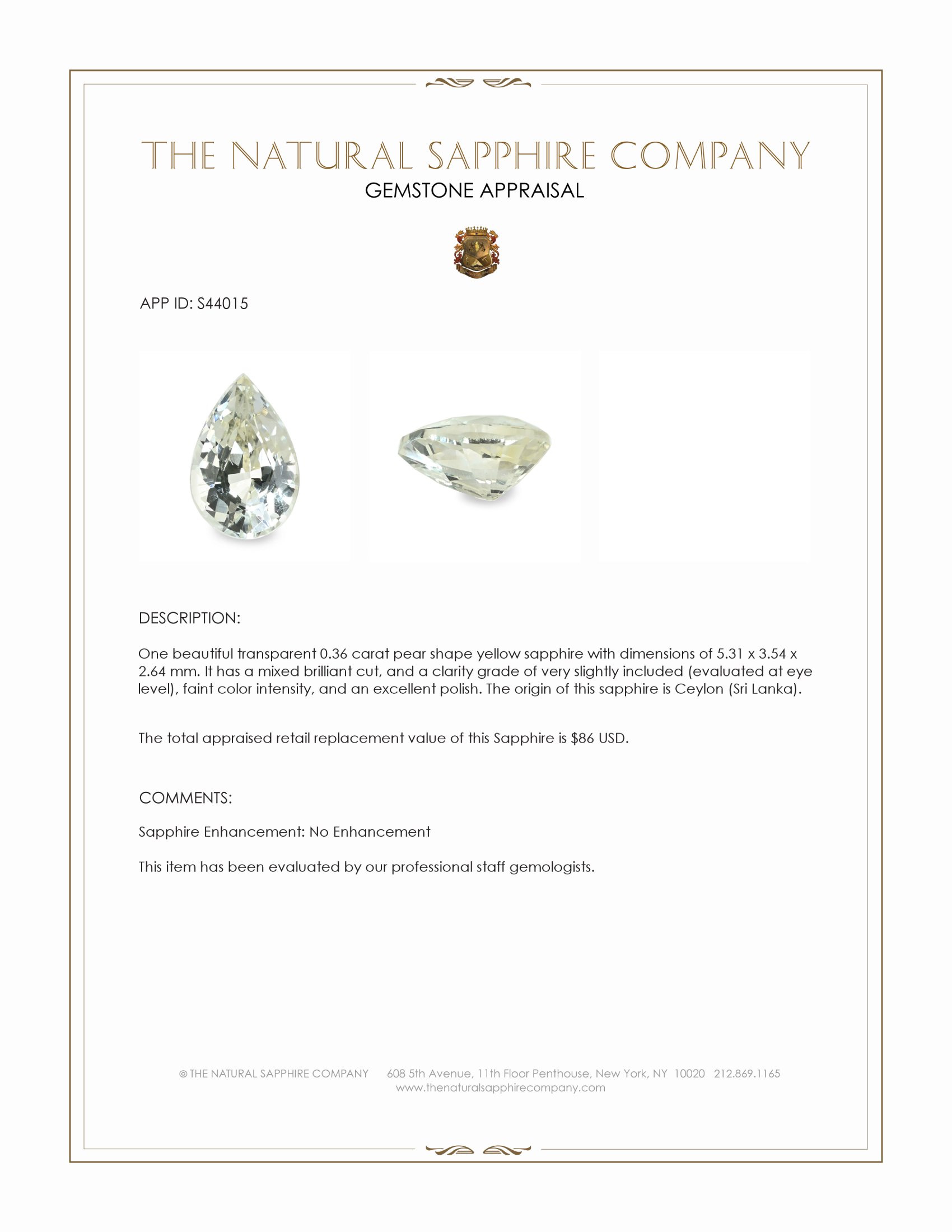 0.36 Ct. Yellow Sapphire from Ceylon (Sri Lanka)