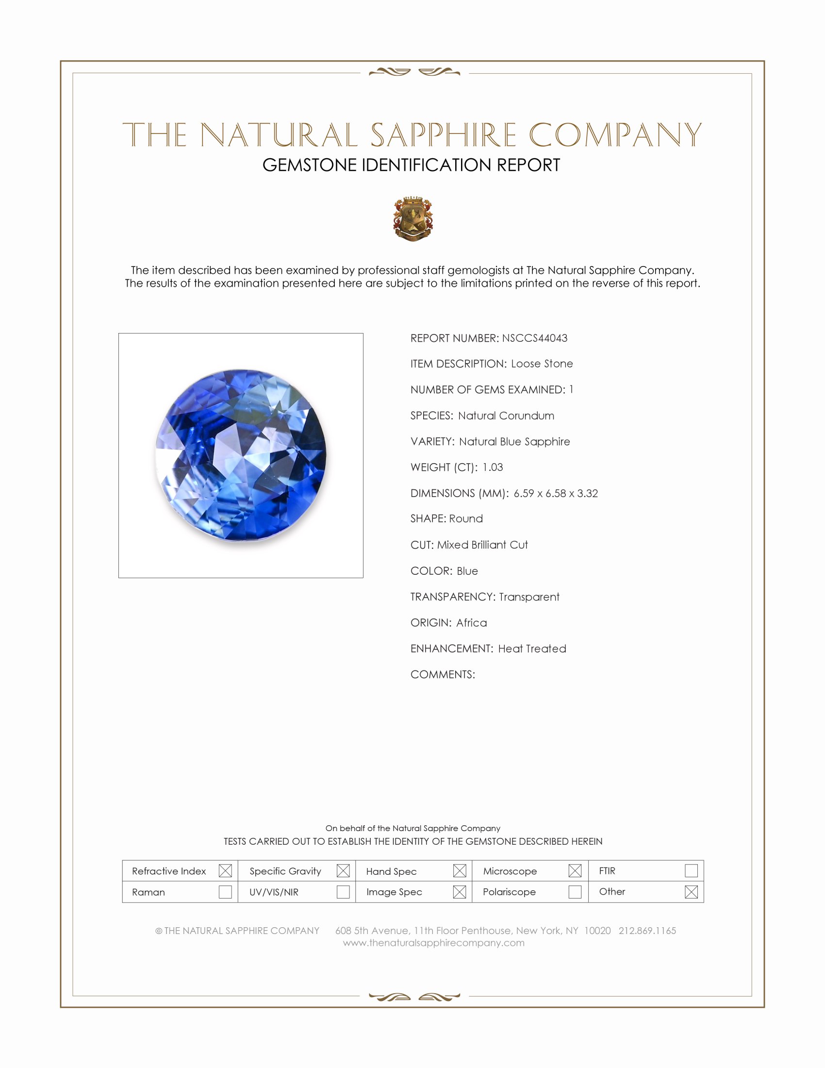 1.03 Ct. Blue Sapphire from Africa