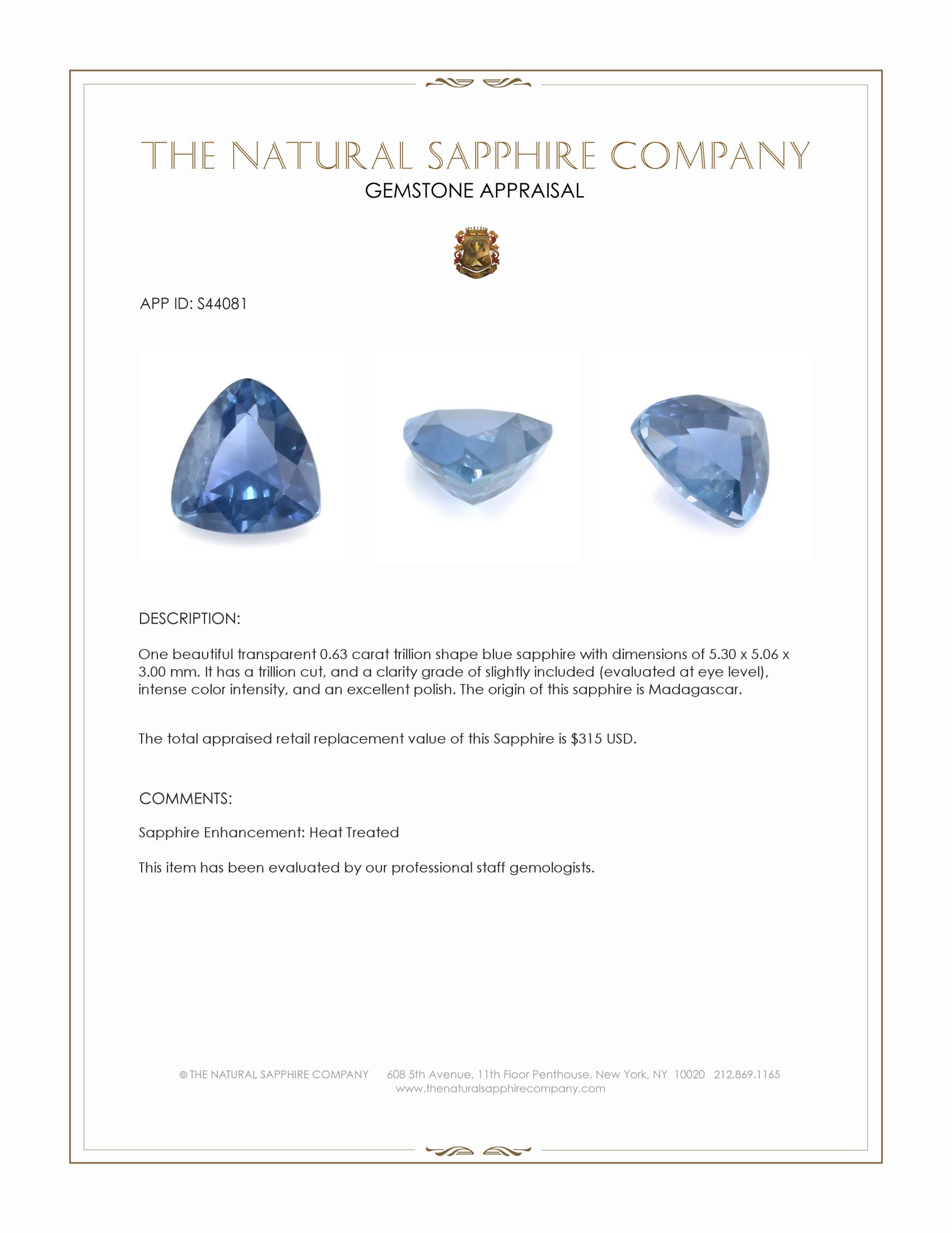 0.63 Ct. Blue Sapphire from Madagascar