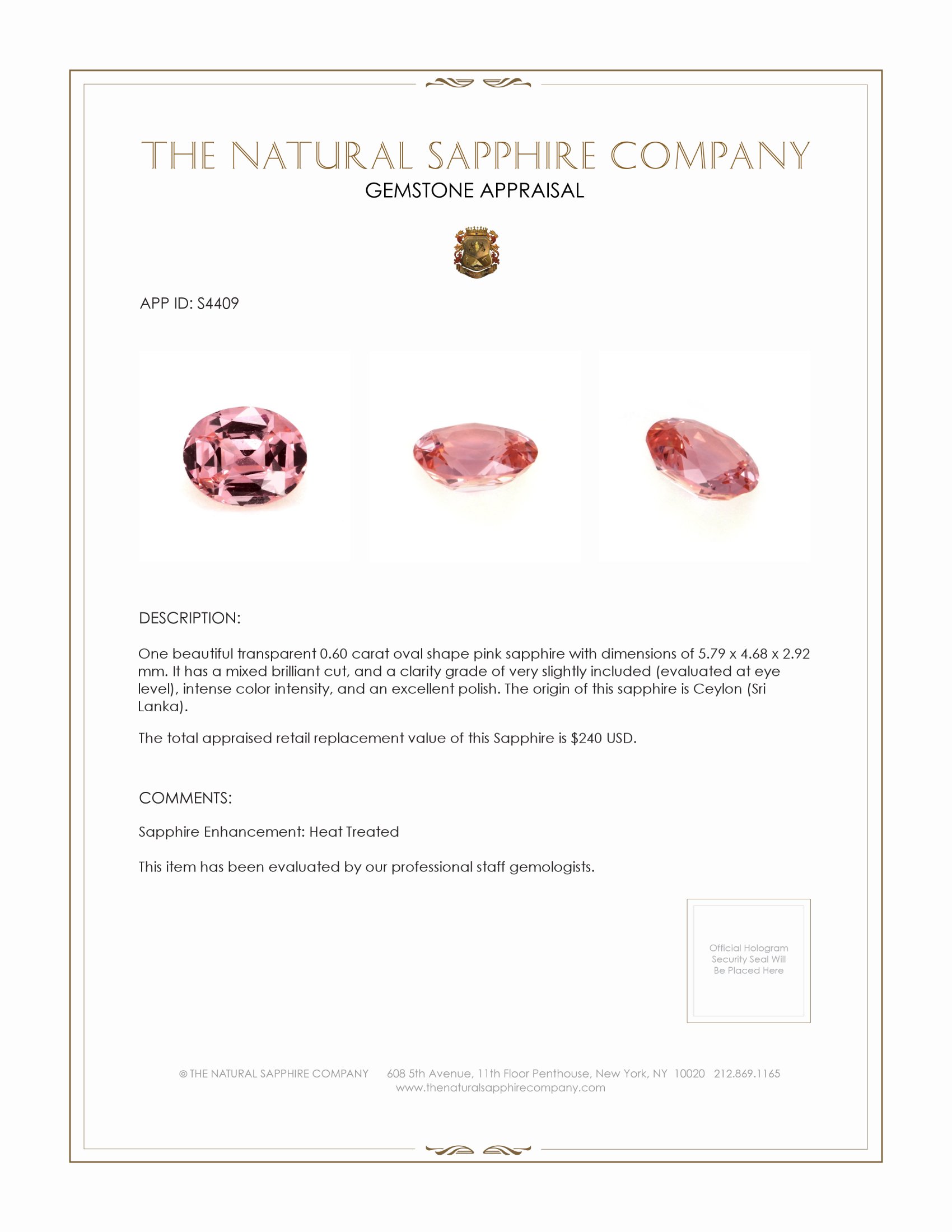 0.60 Ct. Pink Sapphire from Ceylon (Sri Lanka)