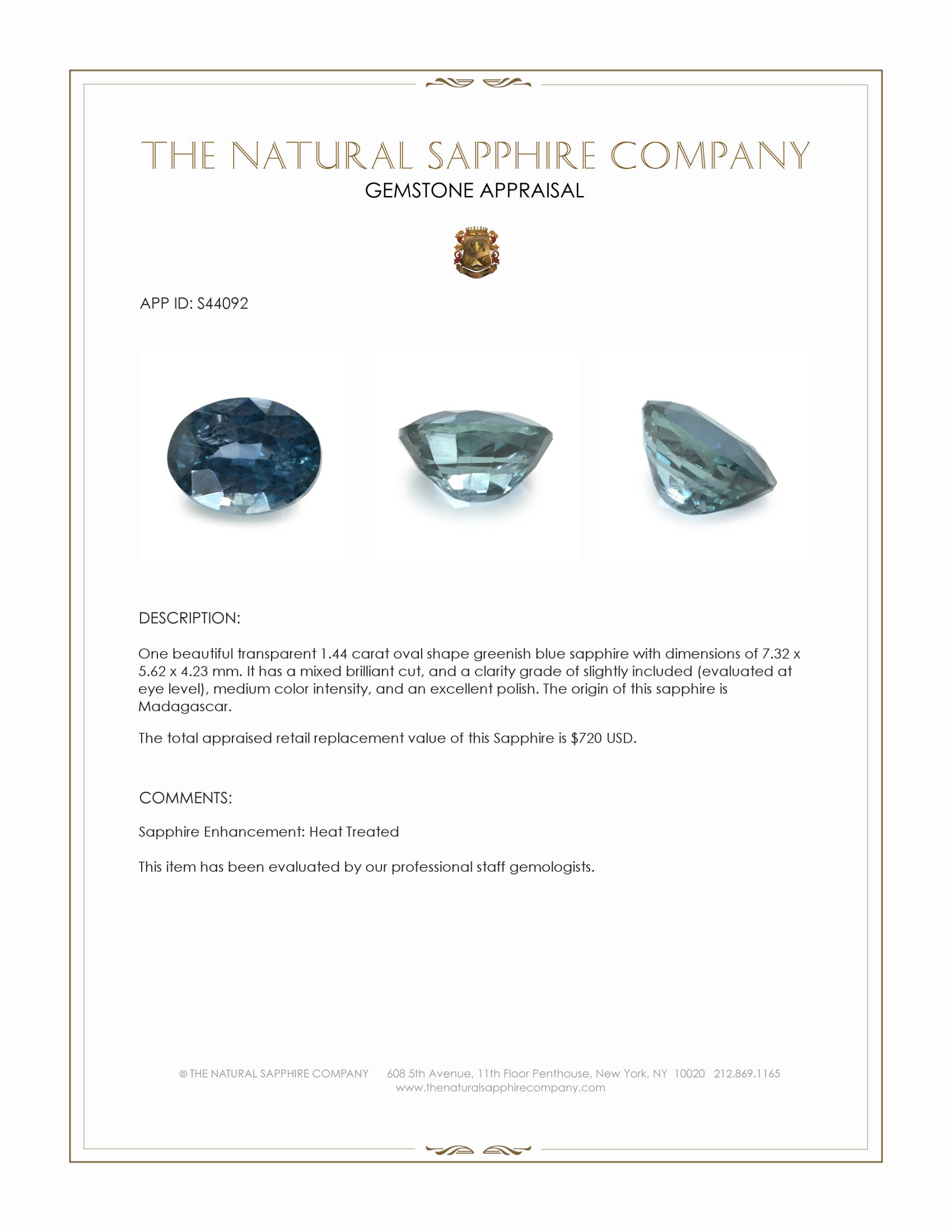 1.44 Ct. Greenish Blue Sapphire from Madagascar