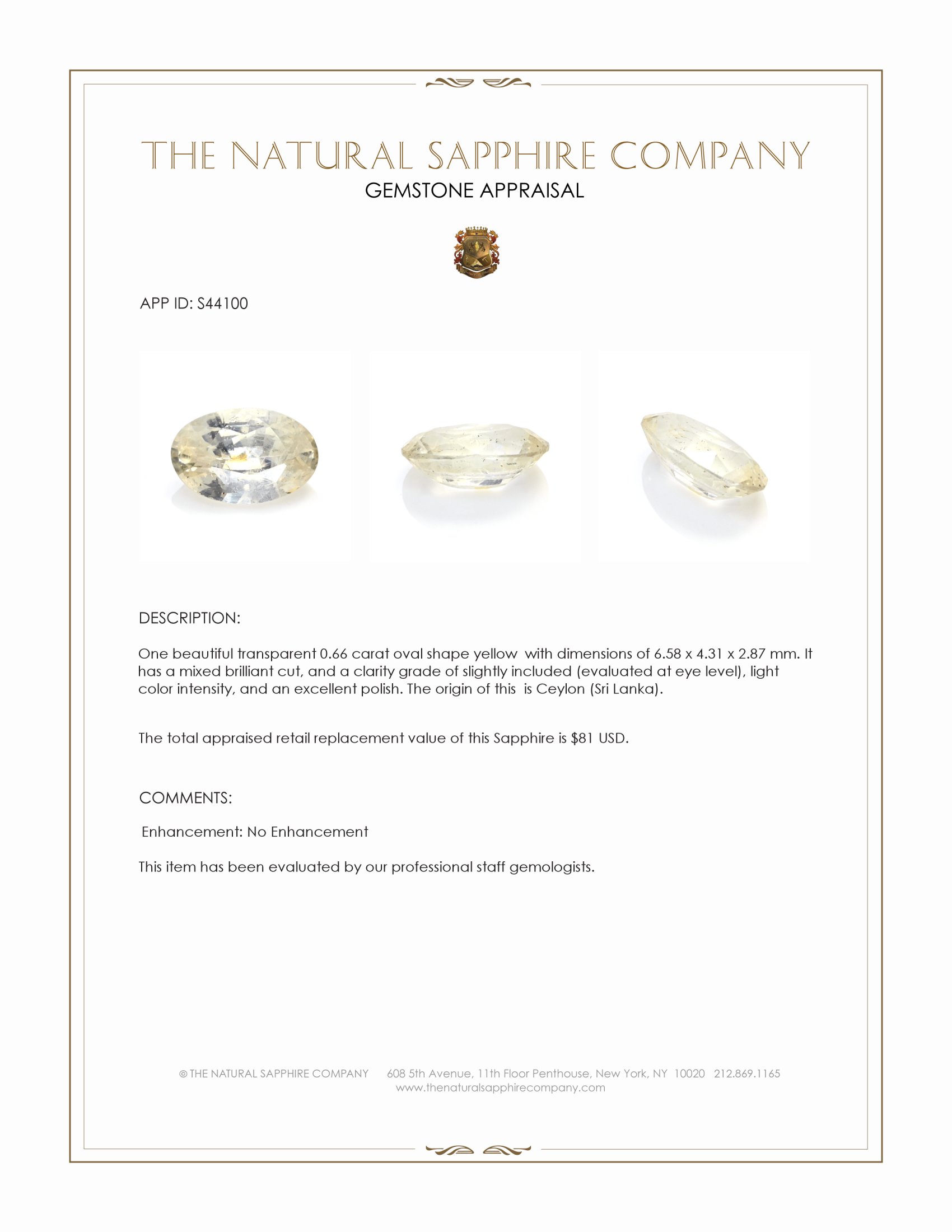 0.66 Ct. Yellow Sapphire from Ceylon (Sri Lanka)