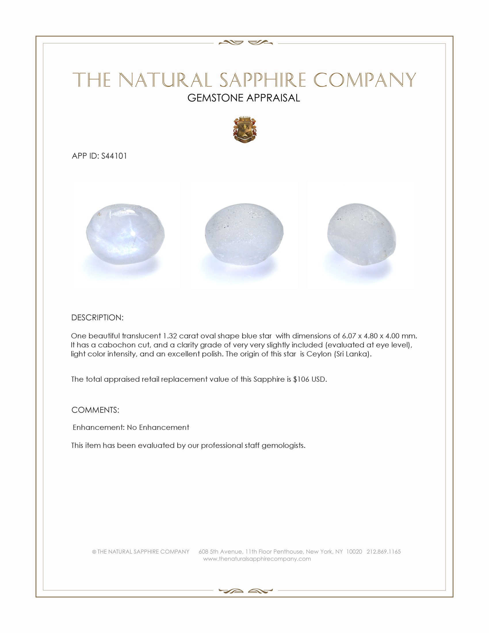 1.32 Ct. Blue Star Sapphire from Ceylon (Sri Lanka)