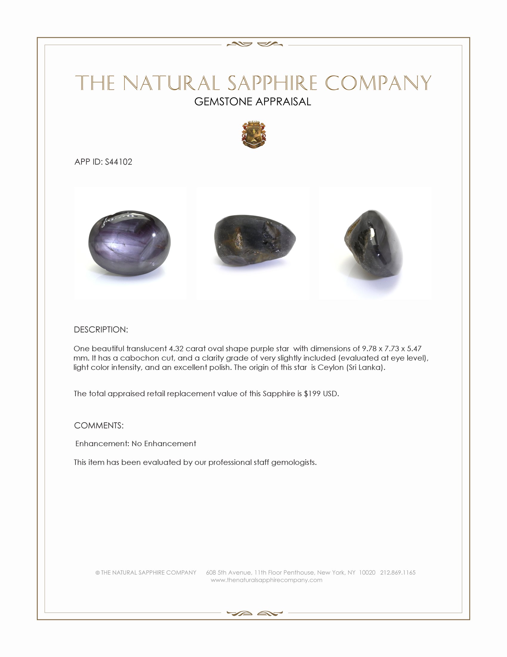 4.32 Ct. Purple Star Sapphire from Ceylon (Sri Lanka)