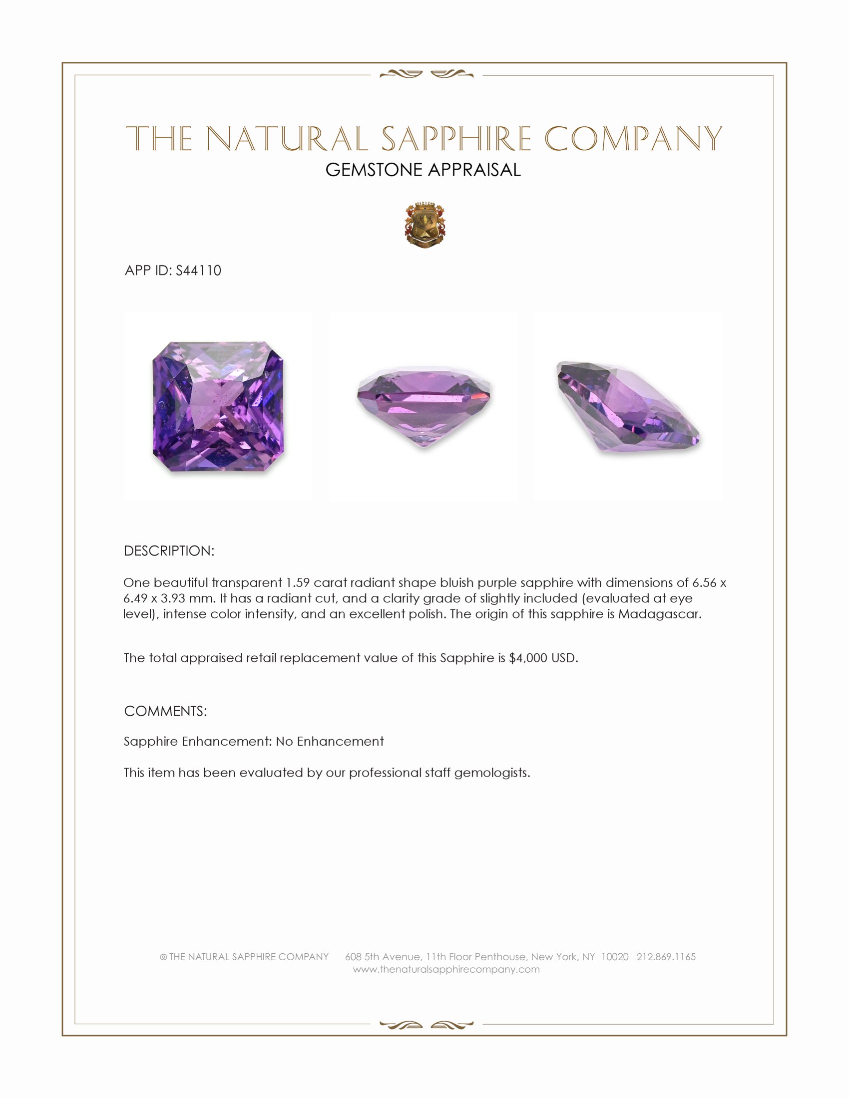 1.59 Ct. Bluish Purple Sapphire from Madagascar