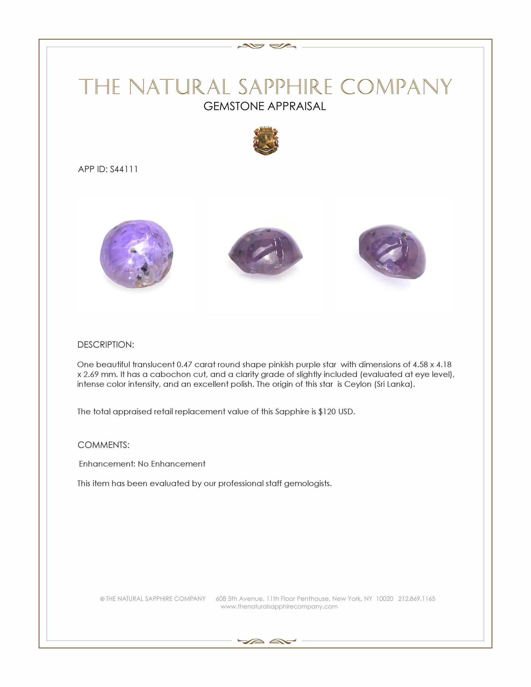 0.47 Ct. Pinkish Purple Star Sapphire from Ceylon (Sri Lanka)