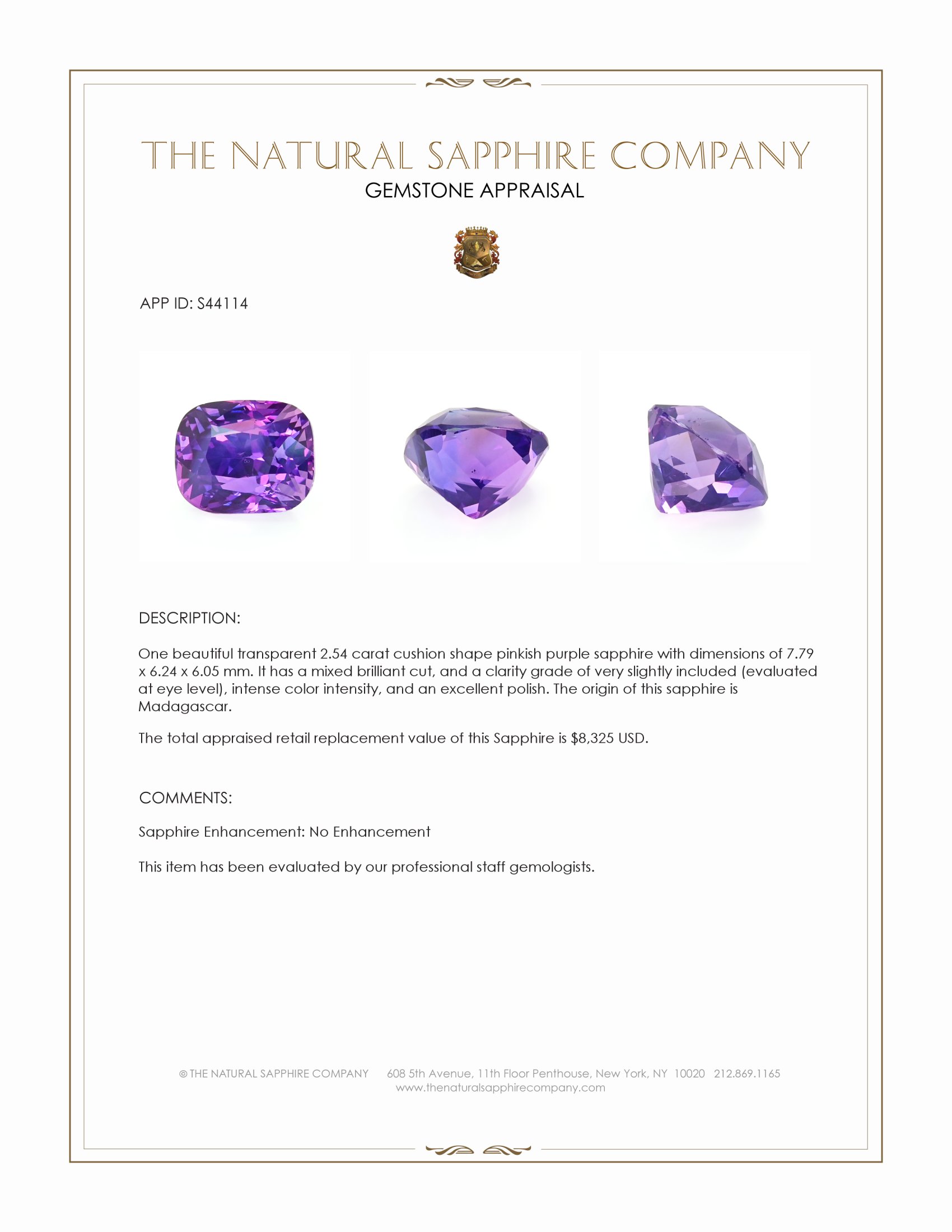2.54 Ct. Pinkish Purple Sapphire from Madagascar