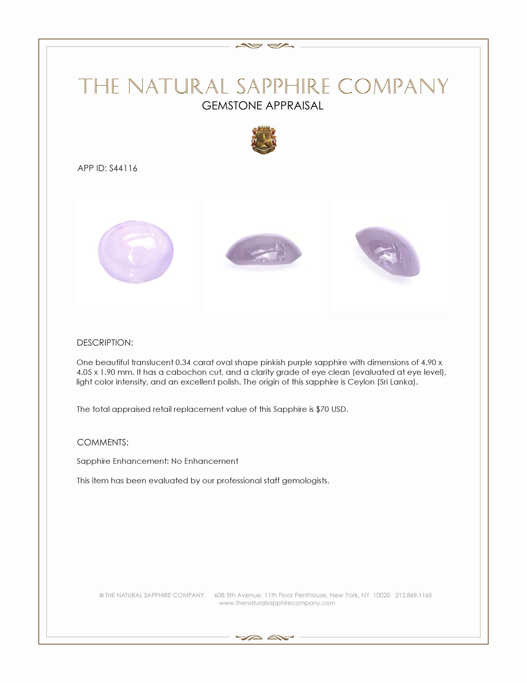 0.34 Ct. Pinkish Purple Cabochon Sapphire from Ceylon (Sri Lanka)