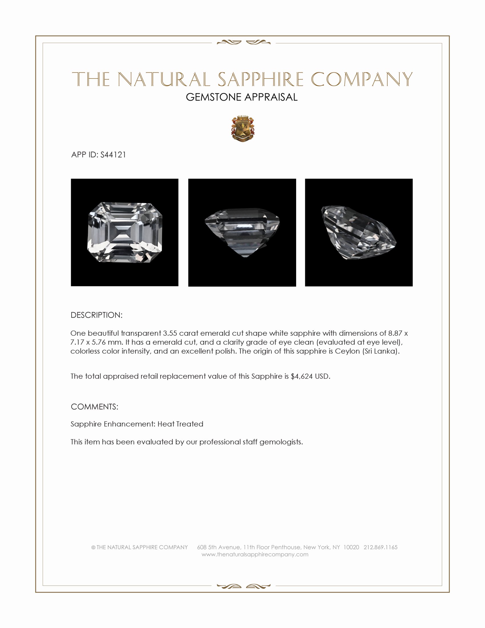 3.55 Ct. White Sapphire from Ceylon (Sri Lanka)