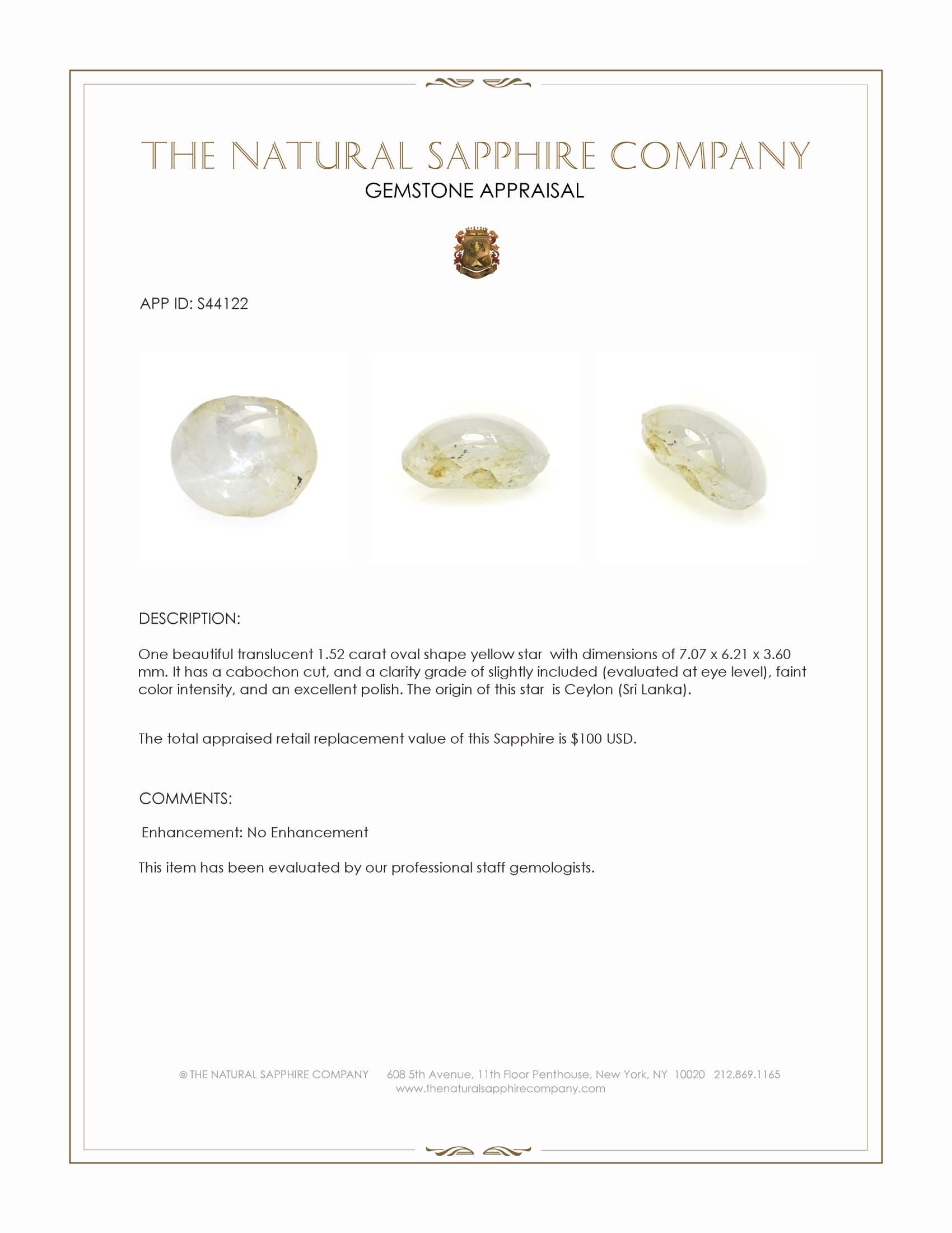 1.52 Ct. Yellow Star Sapphire from Ceylon (Sri Lanka)