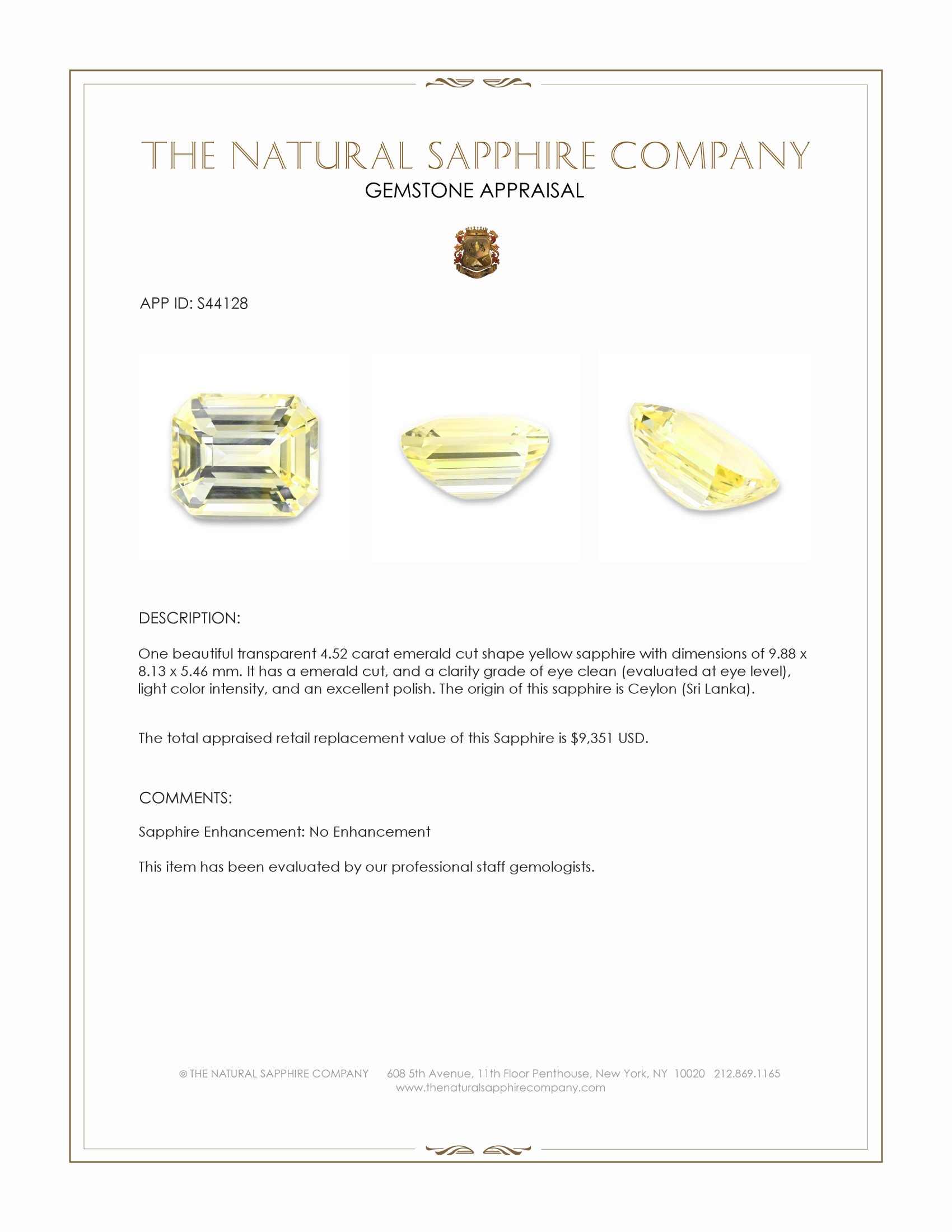 4.52 Ct. Yellow Sapphire from Ceylon (Sri Lanka)