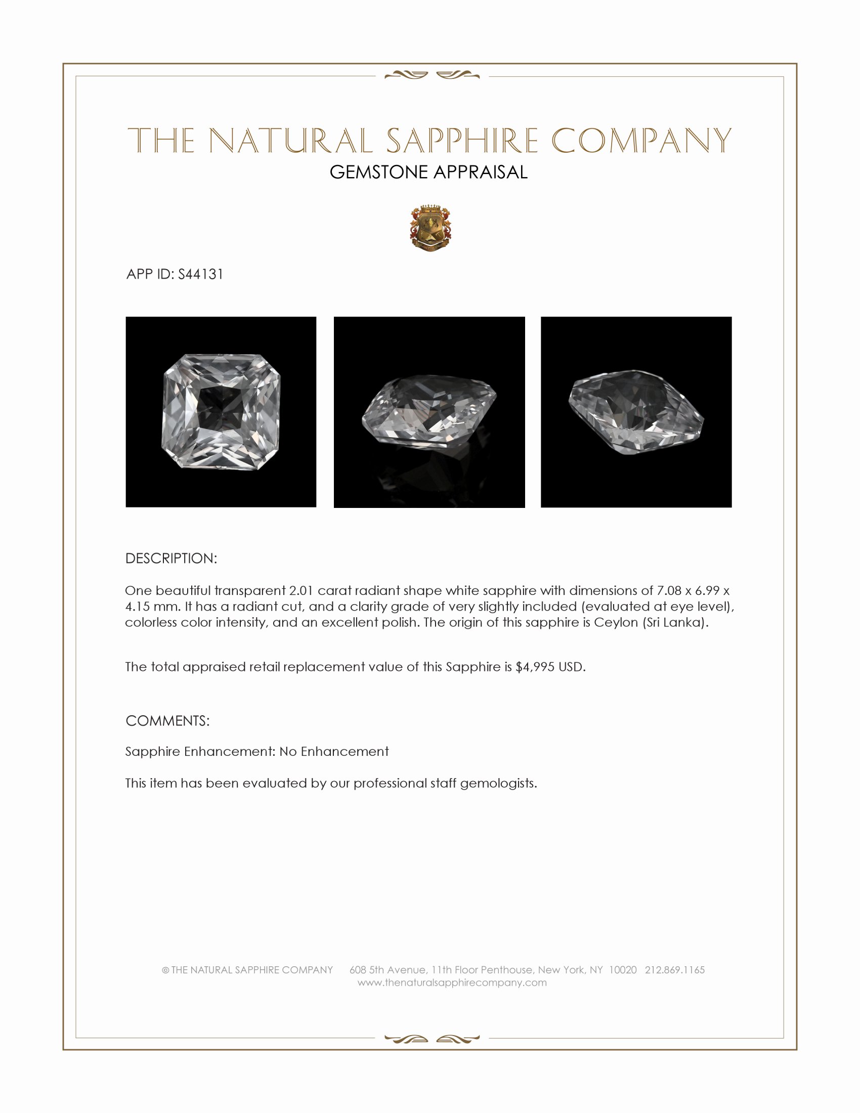 2.01 Ct. White Sapphire from Ceylon (Sri Lanka)