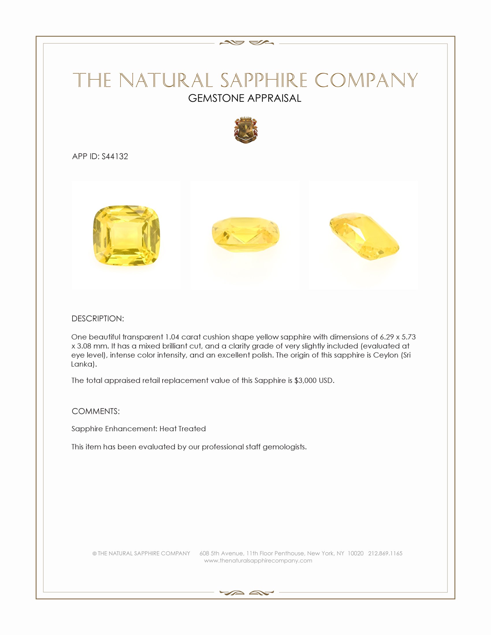 1.04 Ct. Yellow Sapphire from Ceylon (Sri Lanka)