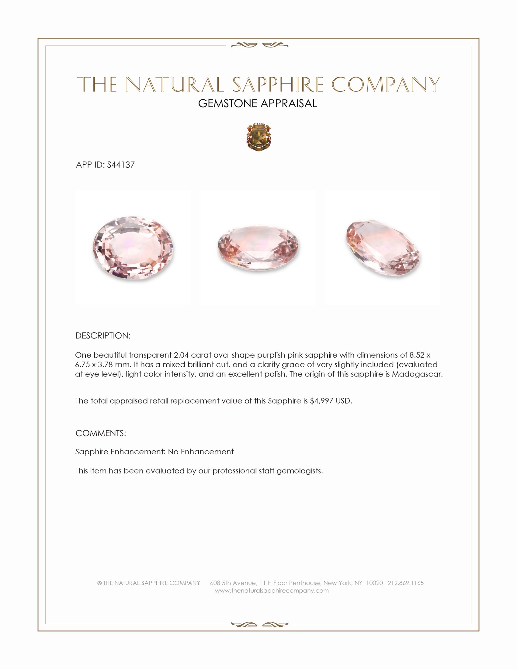 2.04 Ct. Purplish Pink Sapphire from Madagascar