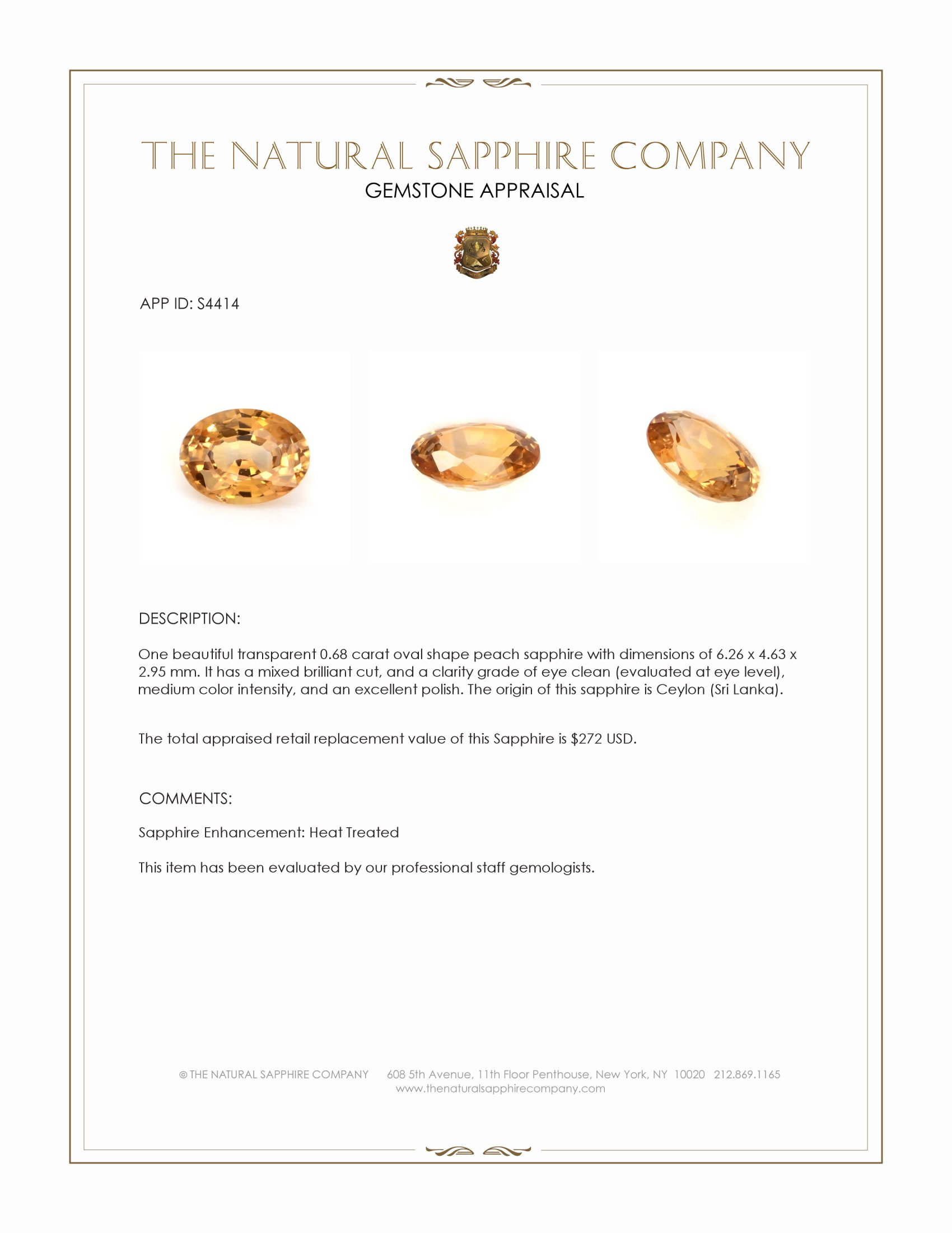 0.68 Ct. Peach Sapphire from Ceylon (Sri Lanka)