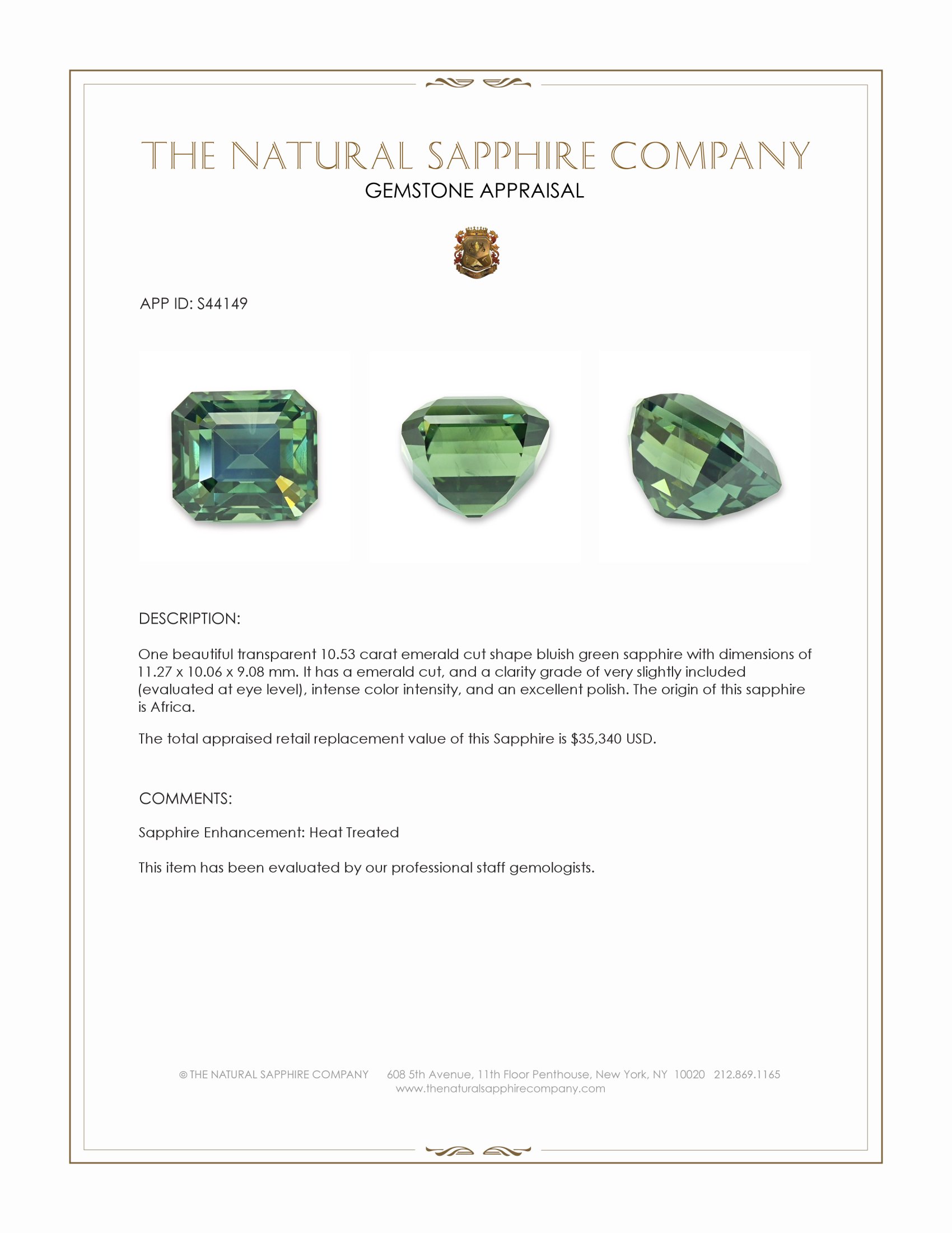 10.53 Ct. Bluish Green Sapphire from Africa