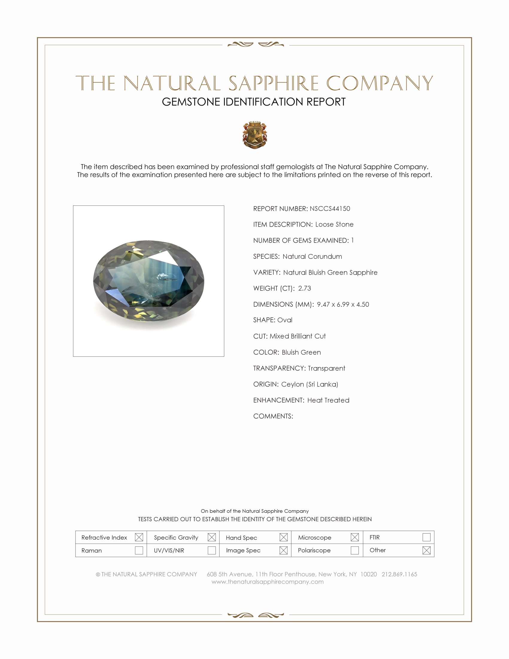 2.73 Ct. Bluish Green Sapphire from Ceylon (Sri Lanka)