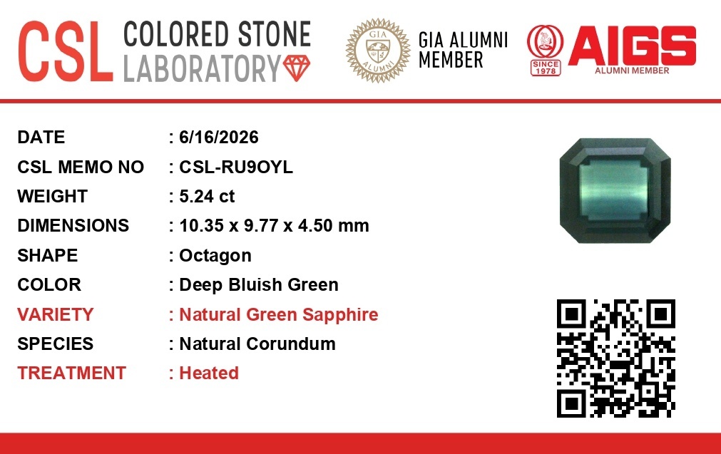 5.24 Ct. Bluish Green Sapphire from Ceylon (Sri Lanka)