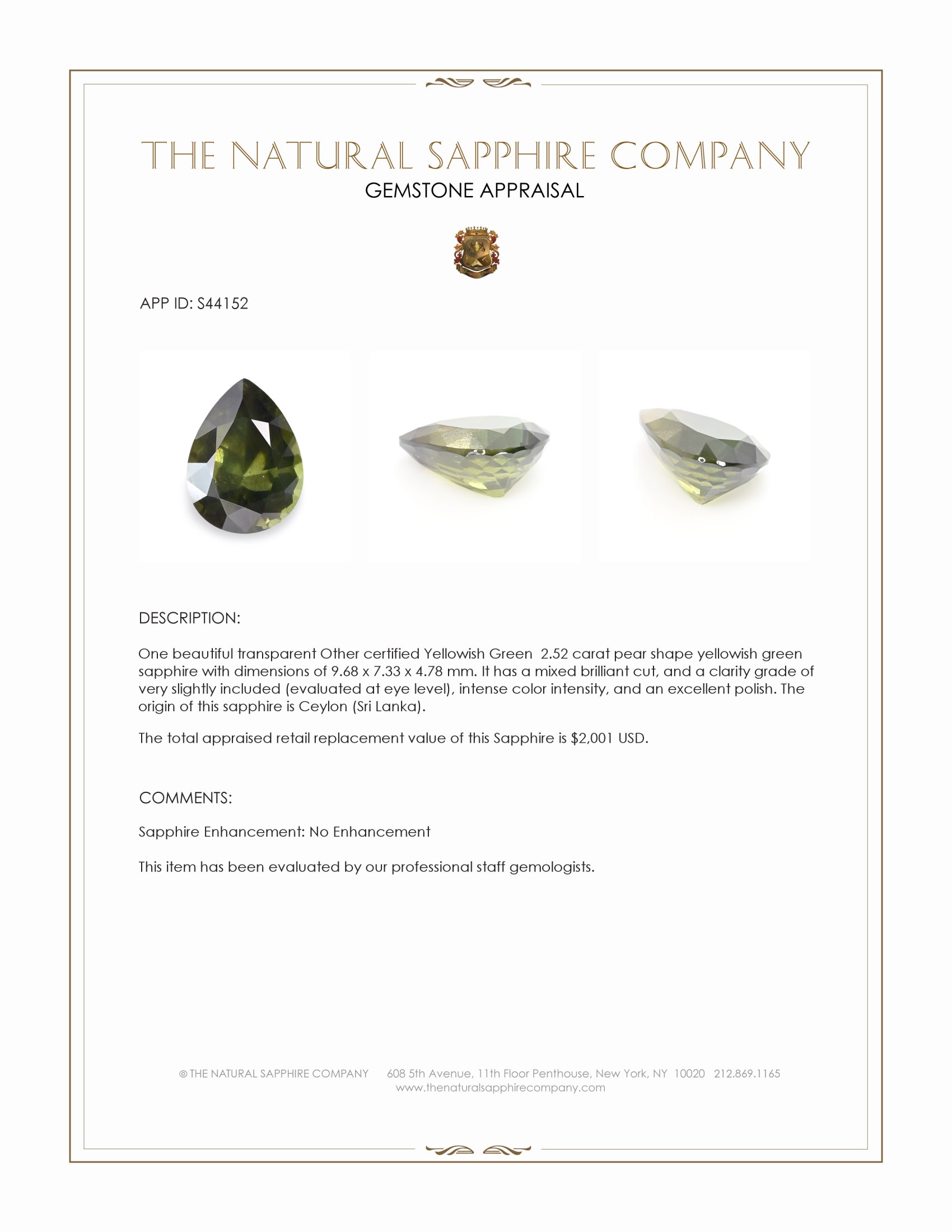 2.52 Ct. Yellowish Green Sapphire from Ceylon (Sri Lanka)
