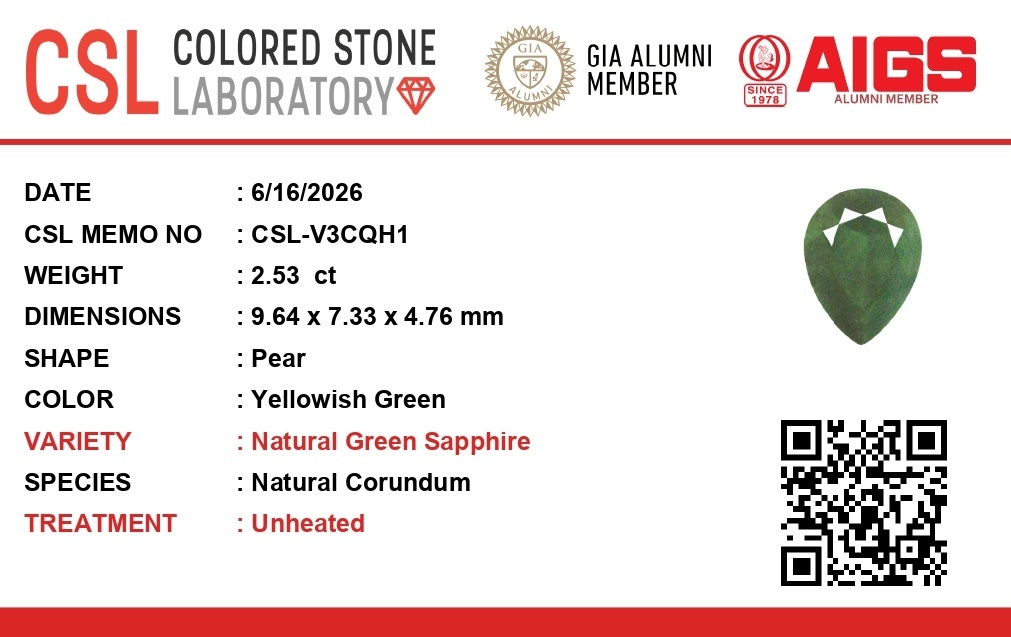2.52 Ct. Yellowish Green Sapphire from Ceylon (Sri Lanka)