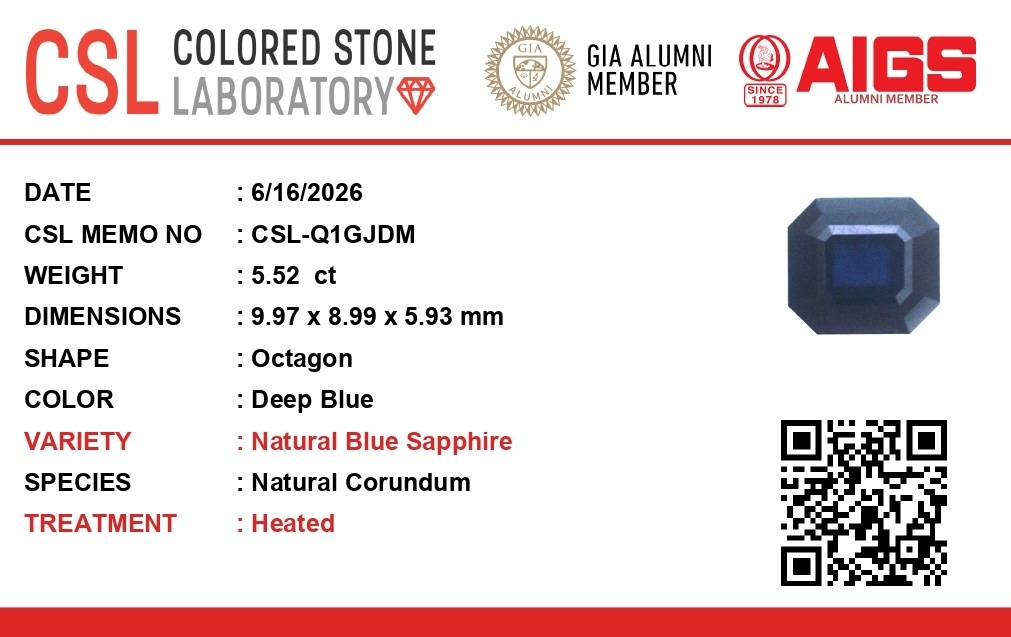 5.52 Ct. Blue Sapphire from Ceylon (Sri Lanka)